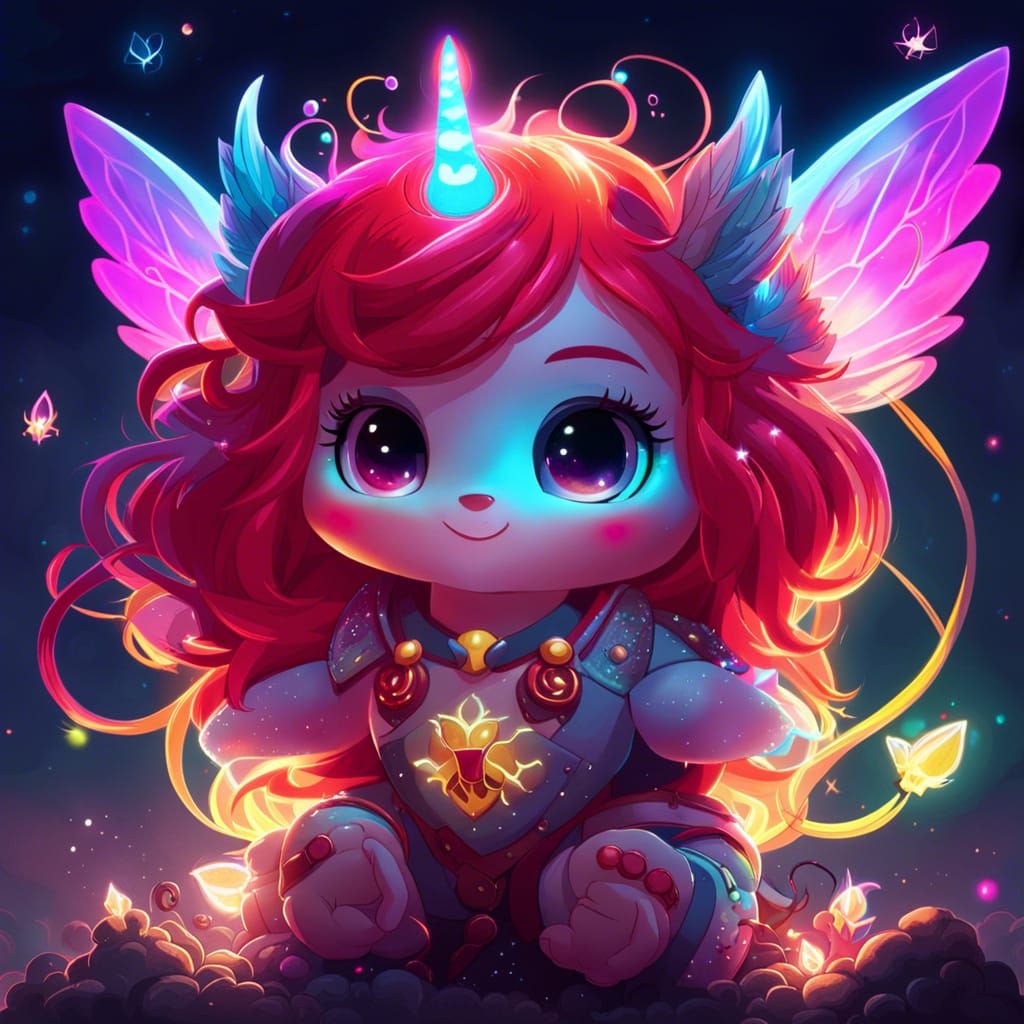 Little Chibi fairy, slightly plump, bright red hair and pret...