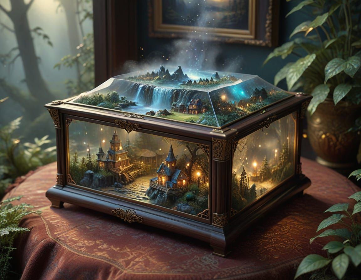 Antique Music Box with Spectral Landscape in Dark Fantasy St...