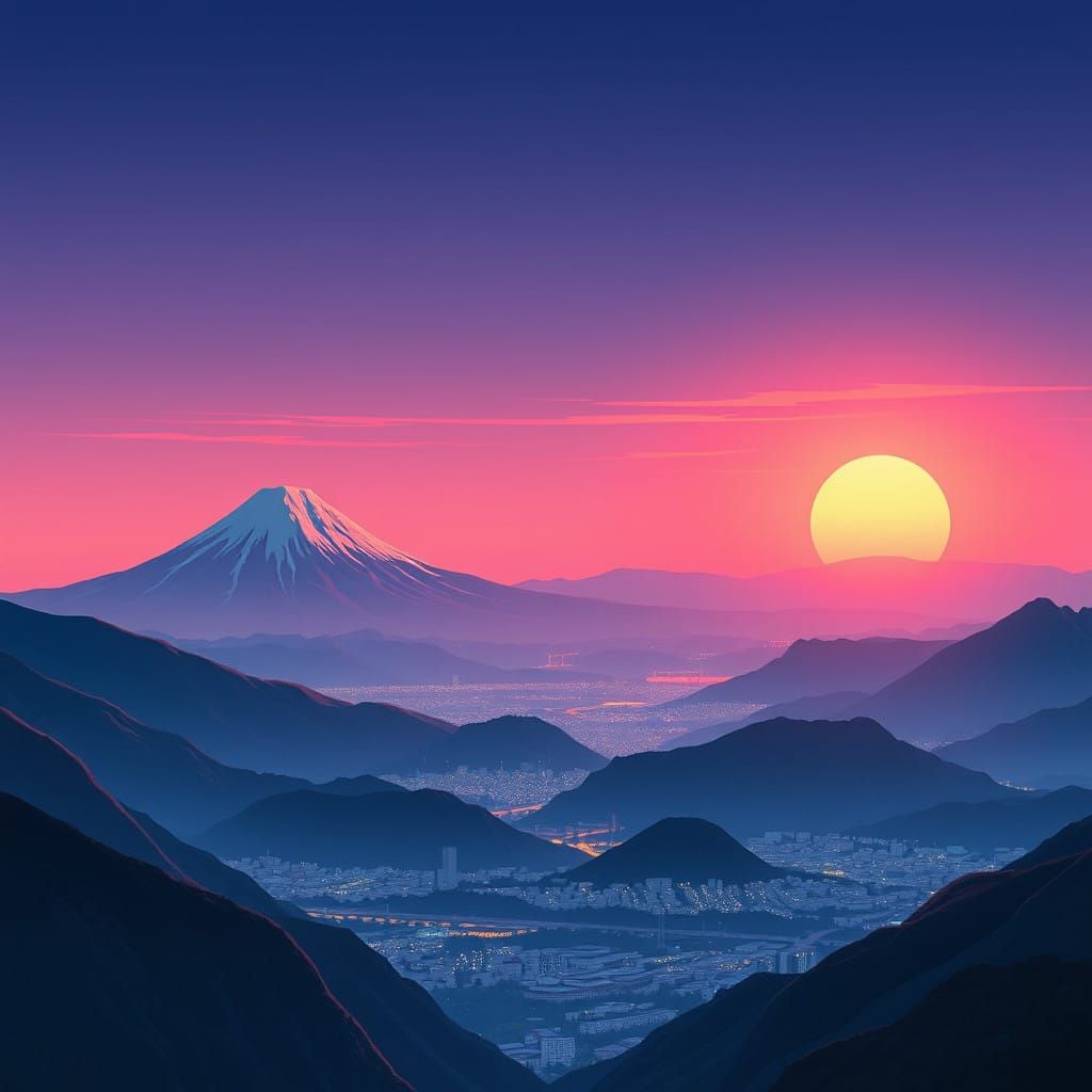 Japanese Sunset over Majestic Mountains