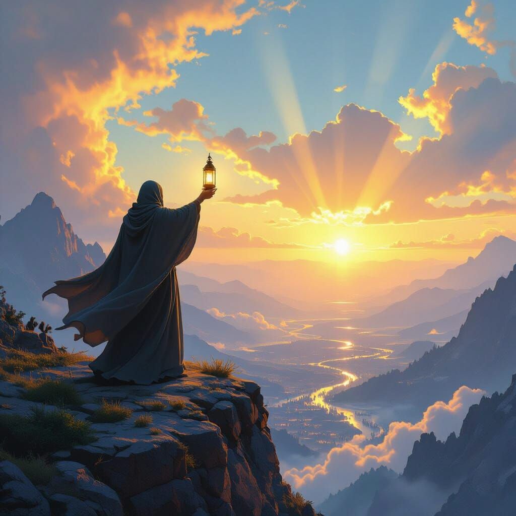 Lone Figure on Mountain Cliff at Dawn