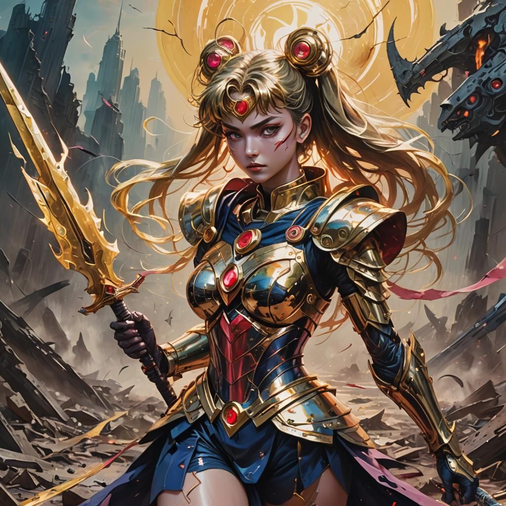 Sailor Moon: Biomechanical Warrior in Fauvist Landscape