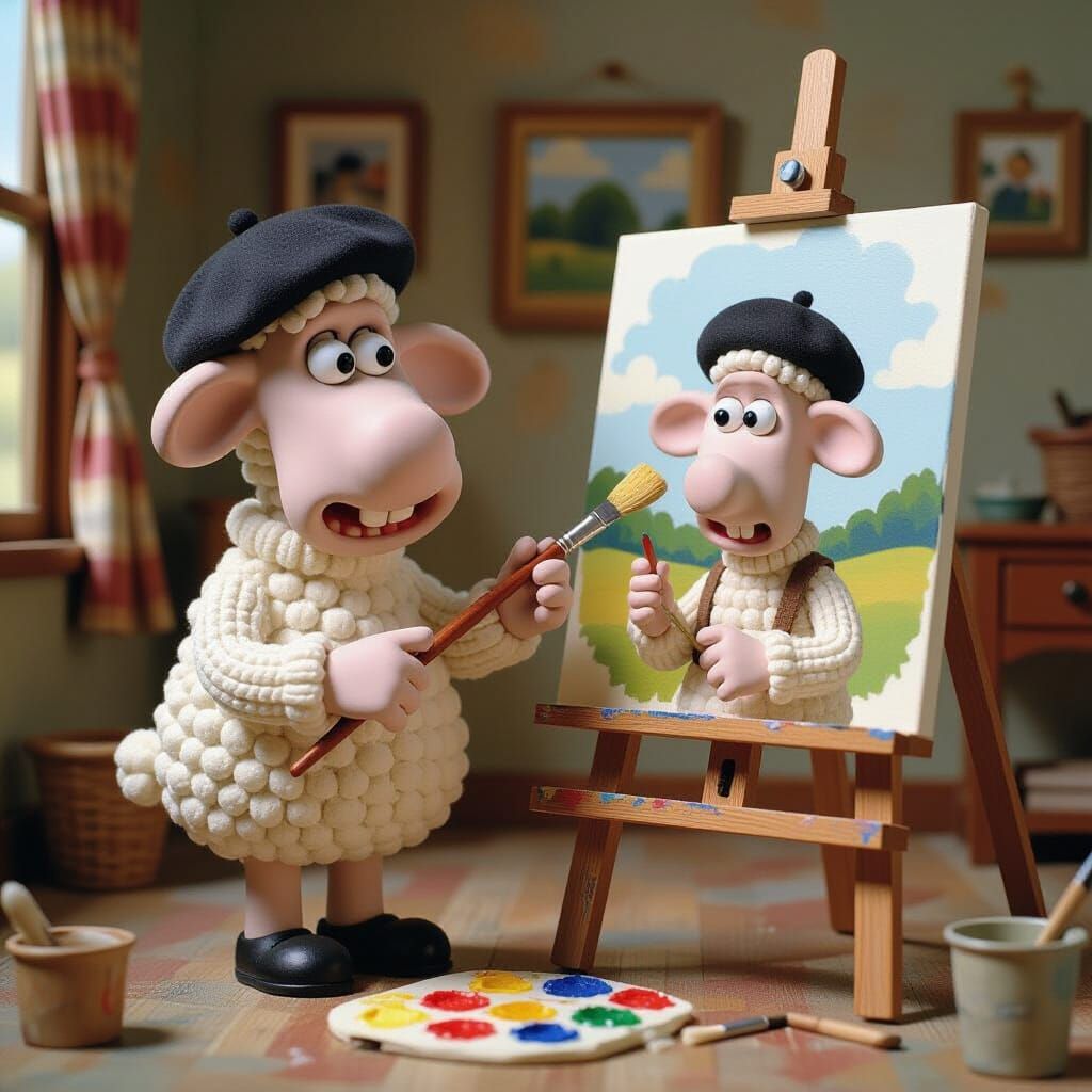 Nervous Sheep Self-Portrait in Claymation Style