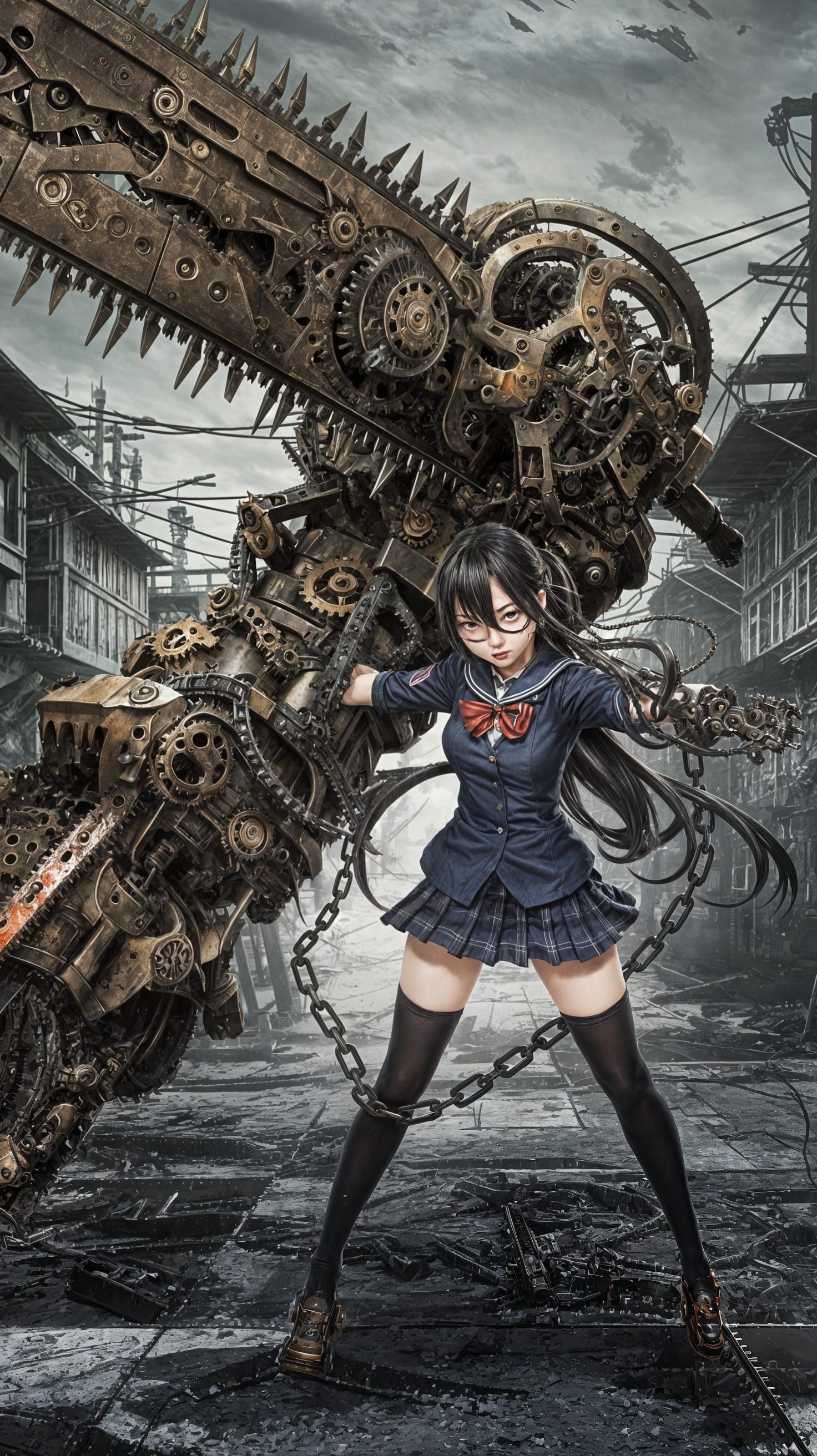 Japanese Schoolgirl Wields Massive Cyberpunk Chainsaw in Dys...