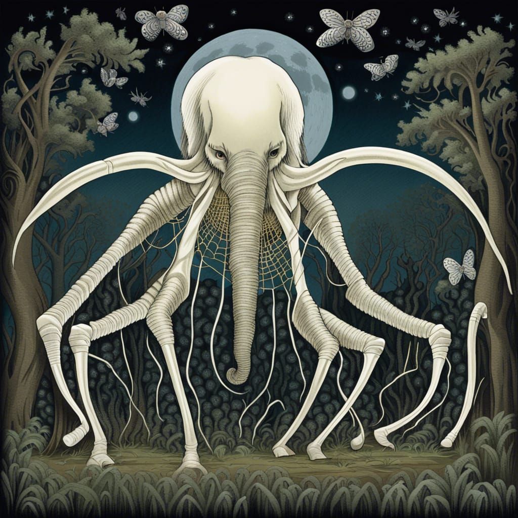 Spider elephant man: In a mystical forest, a spider elephant man weaves his way through moonlit glades. His colossal, iv...
