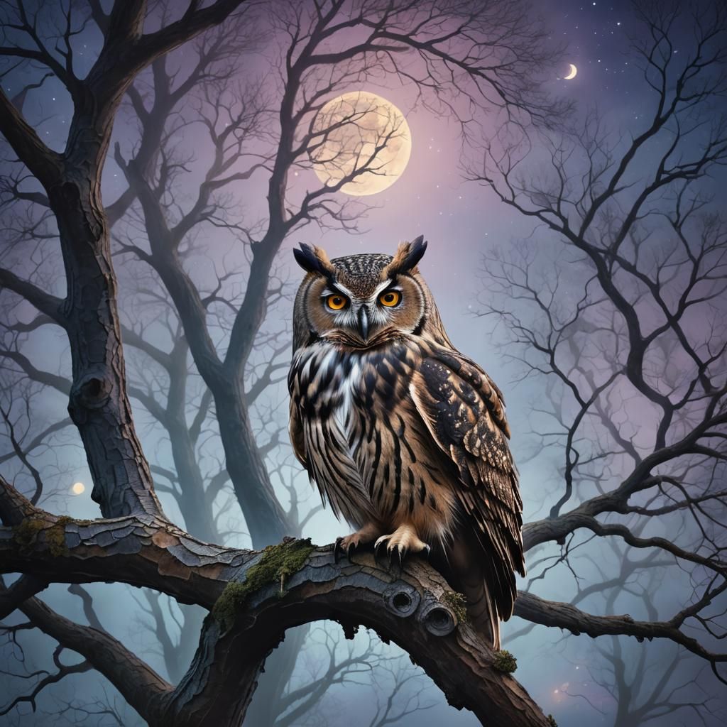Mystical Owl in Moonlit Forest Illustration