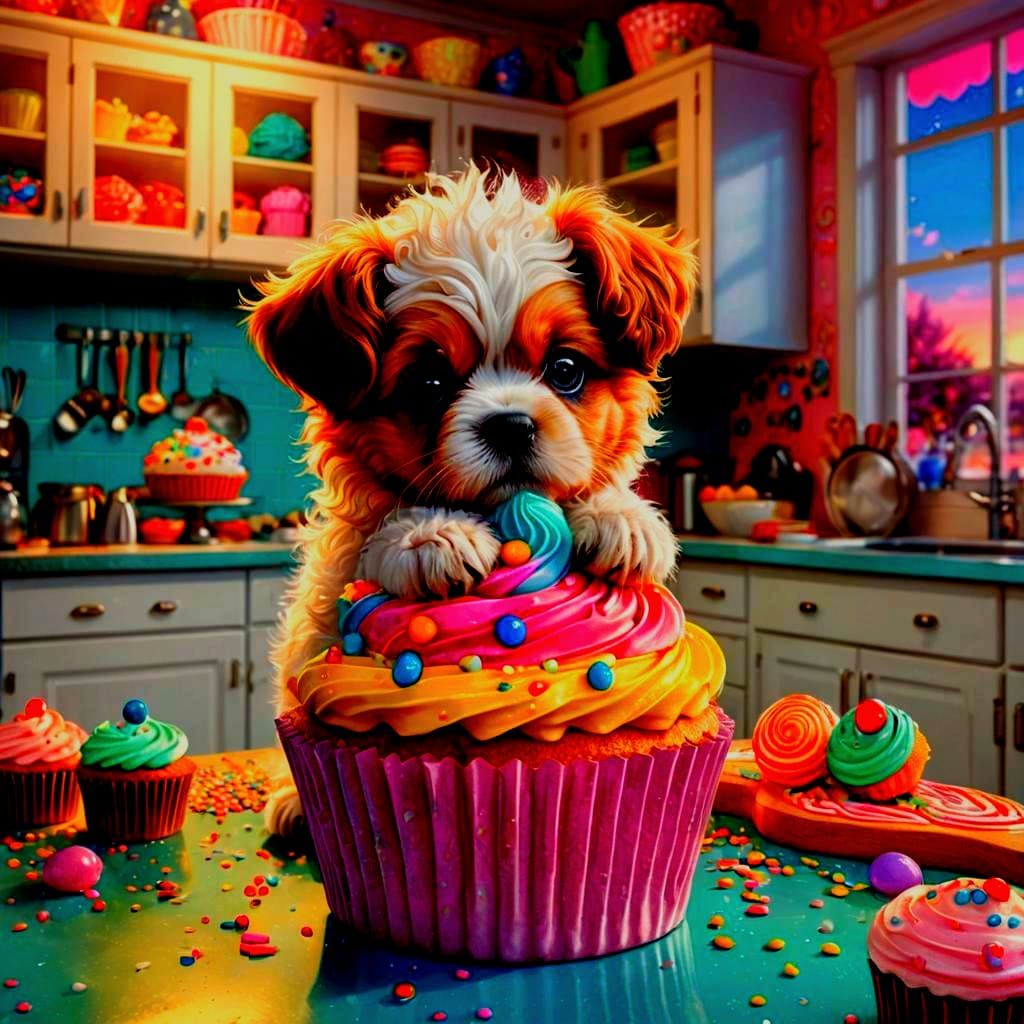 Hyperrealistic Puppy Cupcake in Candy Art Style