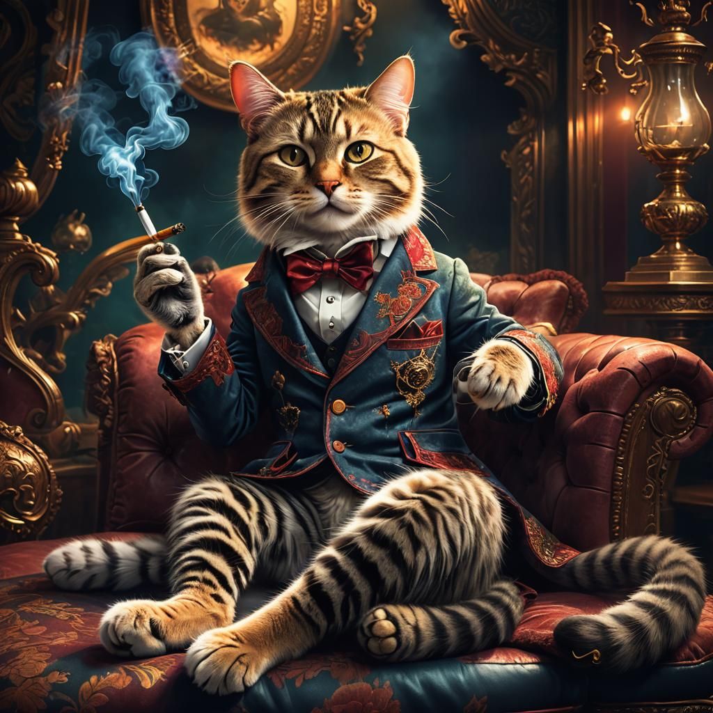 Smoking Cat Boss on Sofa, Digital Matte Painting