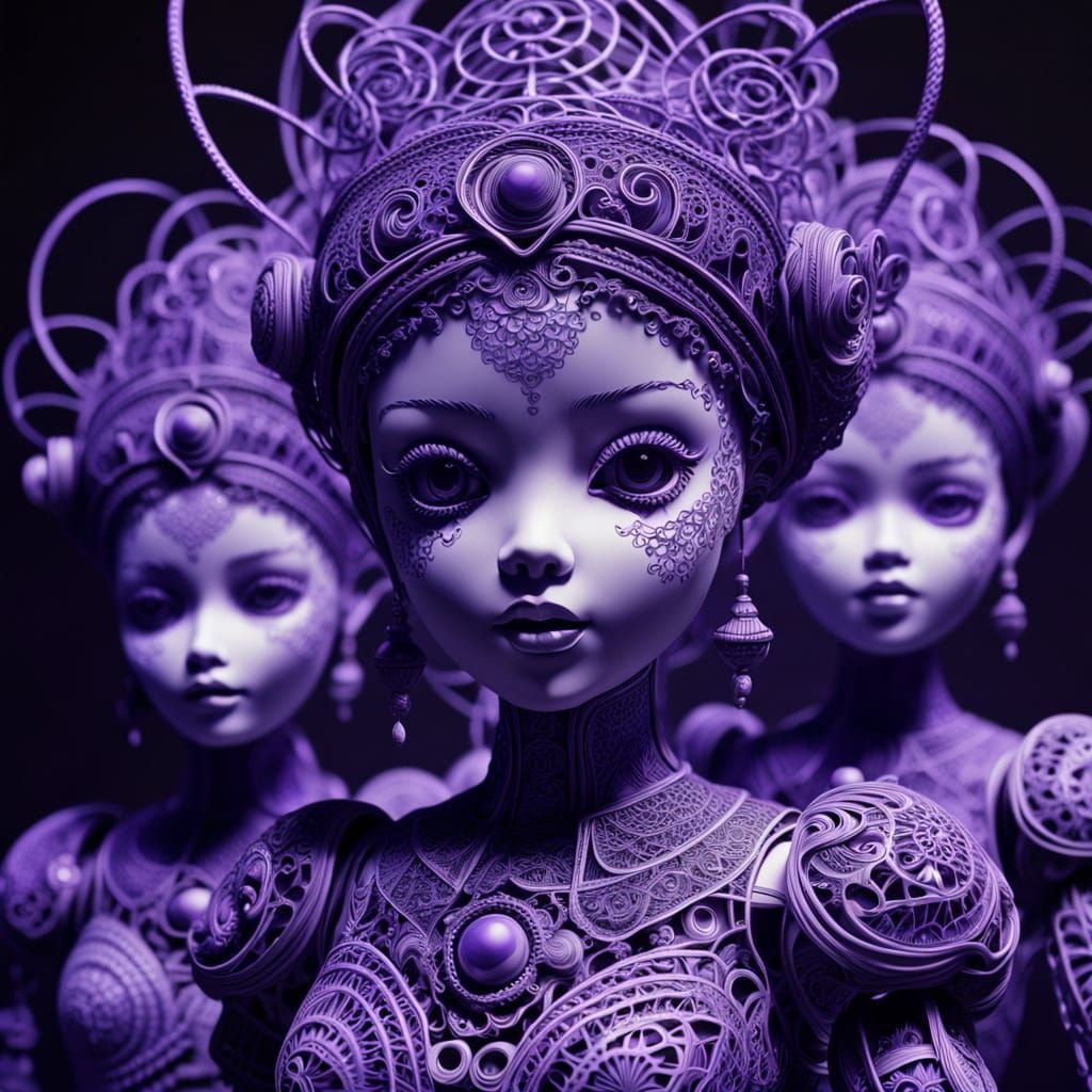 Possessed Ceramic Dolls in Wireframe Fractal Art