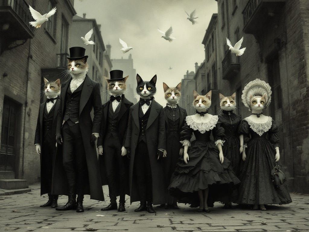 Victorian Cats in Gothic Surrealism Style