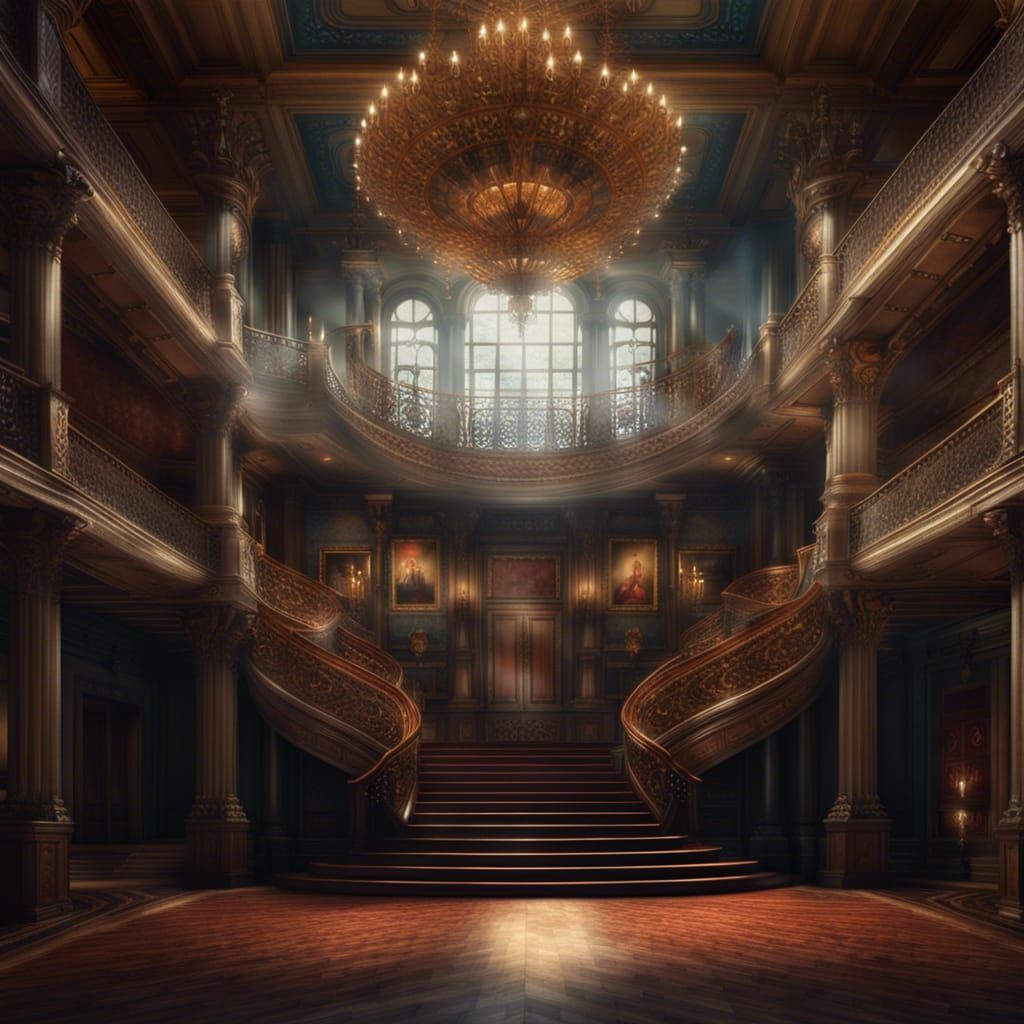 Dramatic Ballroom with Grand Staircase: Digital Matte Painti...