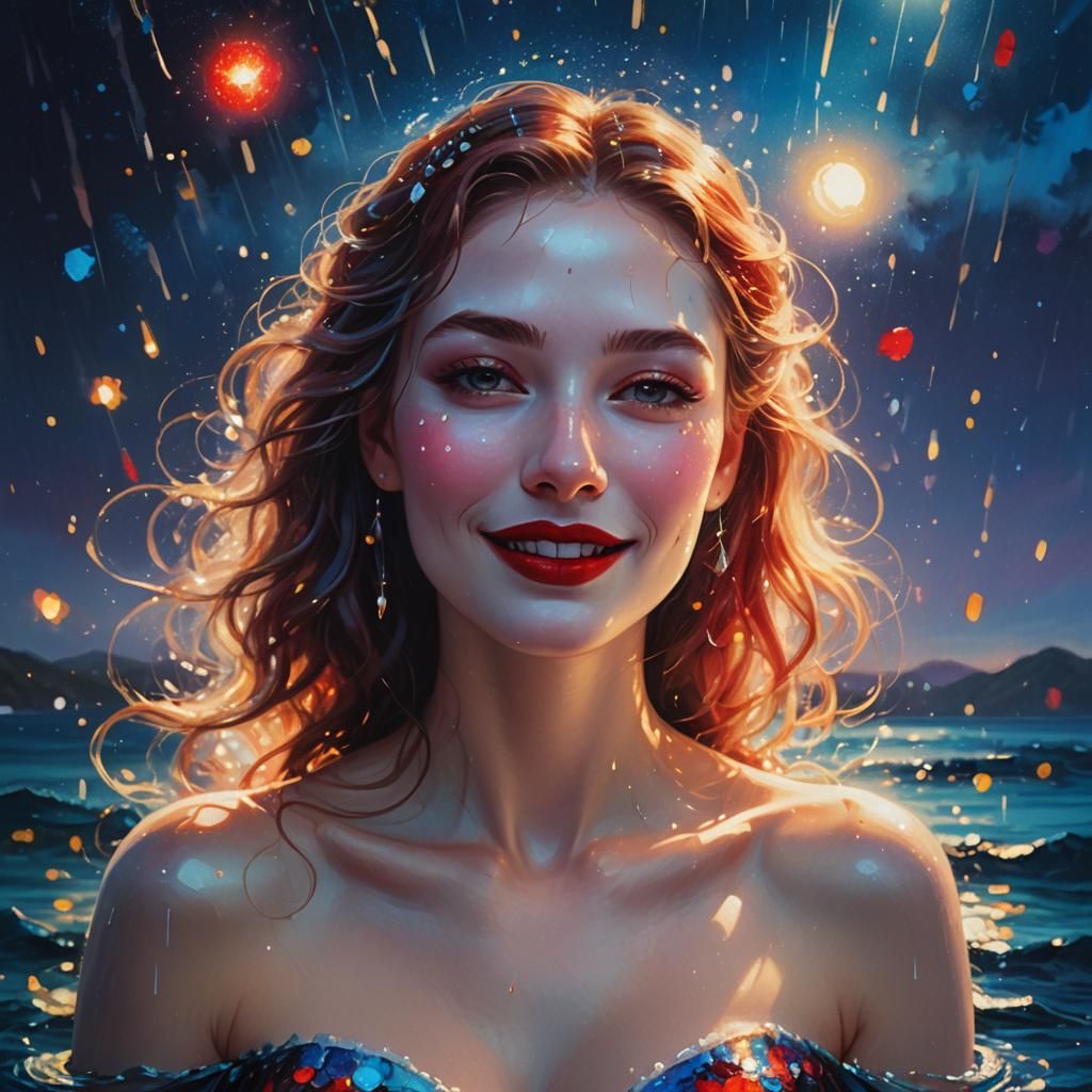 Red-lipped Girl Smiling in Moonlit Ocean: Oil Painting