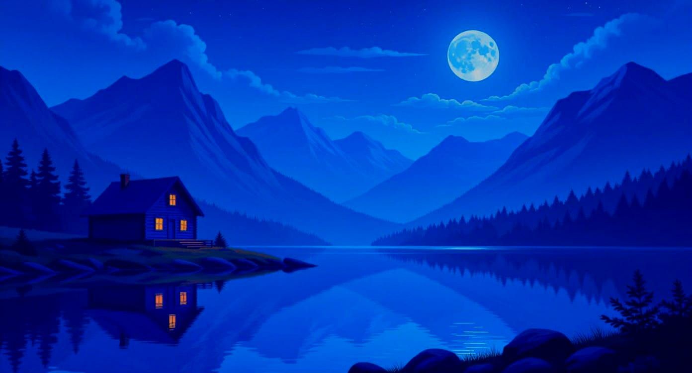 Surreal Blue Log Cabin in Nighttime Landscape