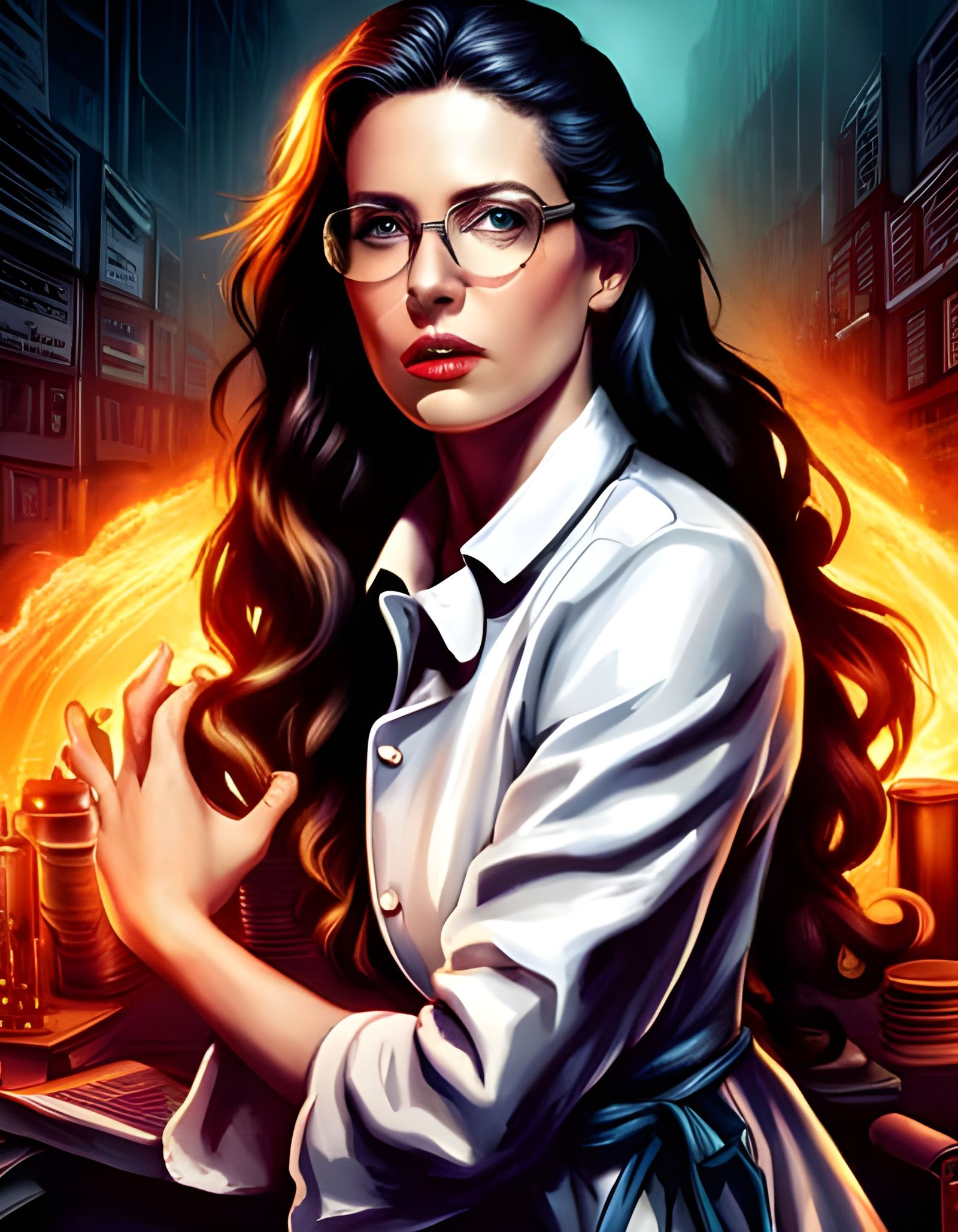 Female Scientist in Burning Lab, Luis Royo Style