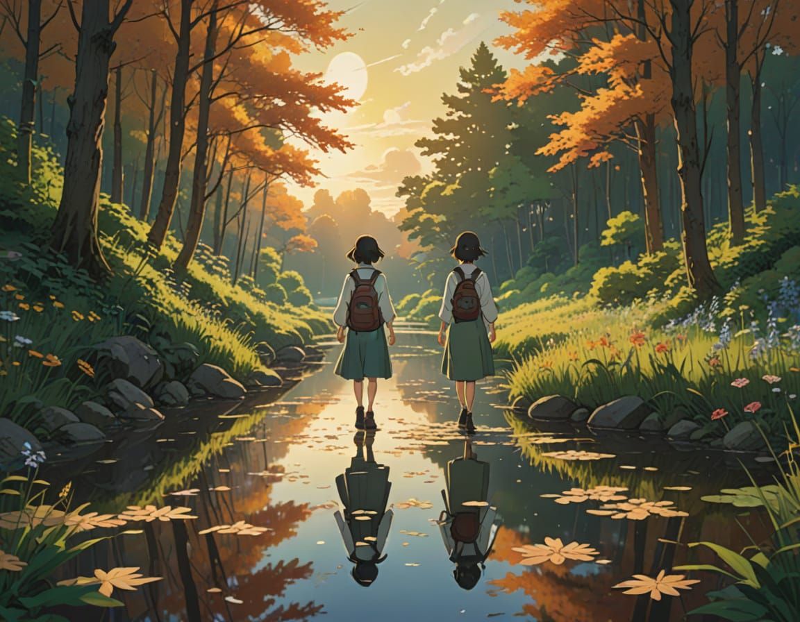 Woman in Sunset Forest Landscape in Anime Style