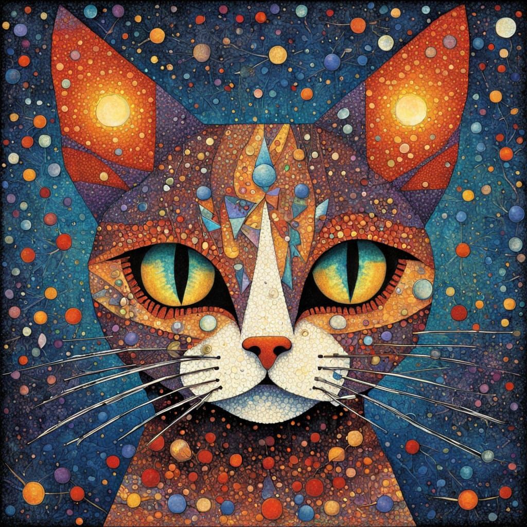Abstract Geometry Cat in Pointillist Style