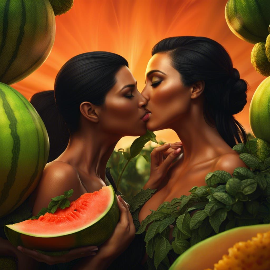 Woman Kissing Melon: Detailed Matte Painting