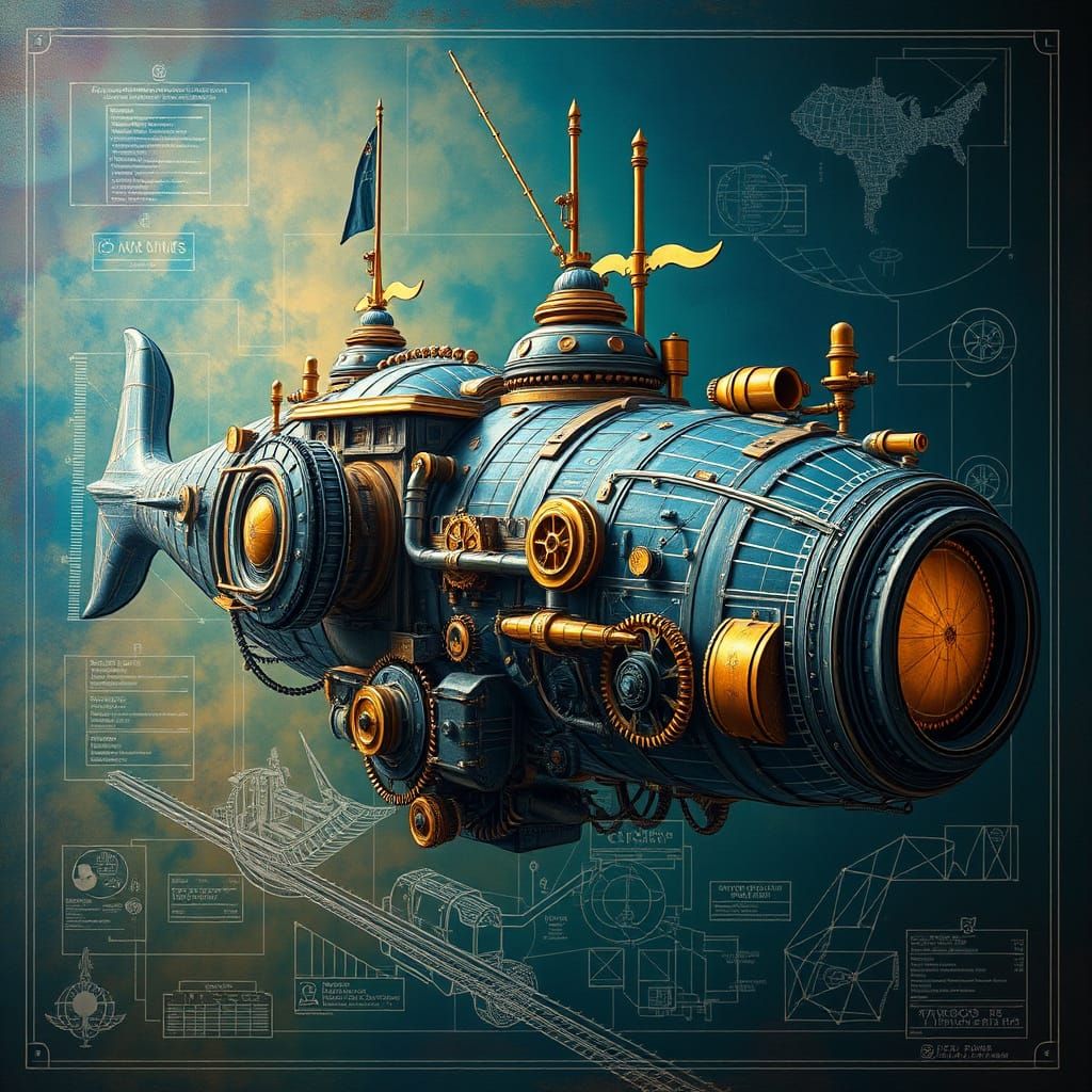 Steampunk Skywhale Navigator Blueprint in Syd Mead Style