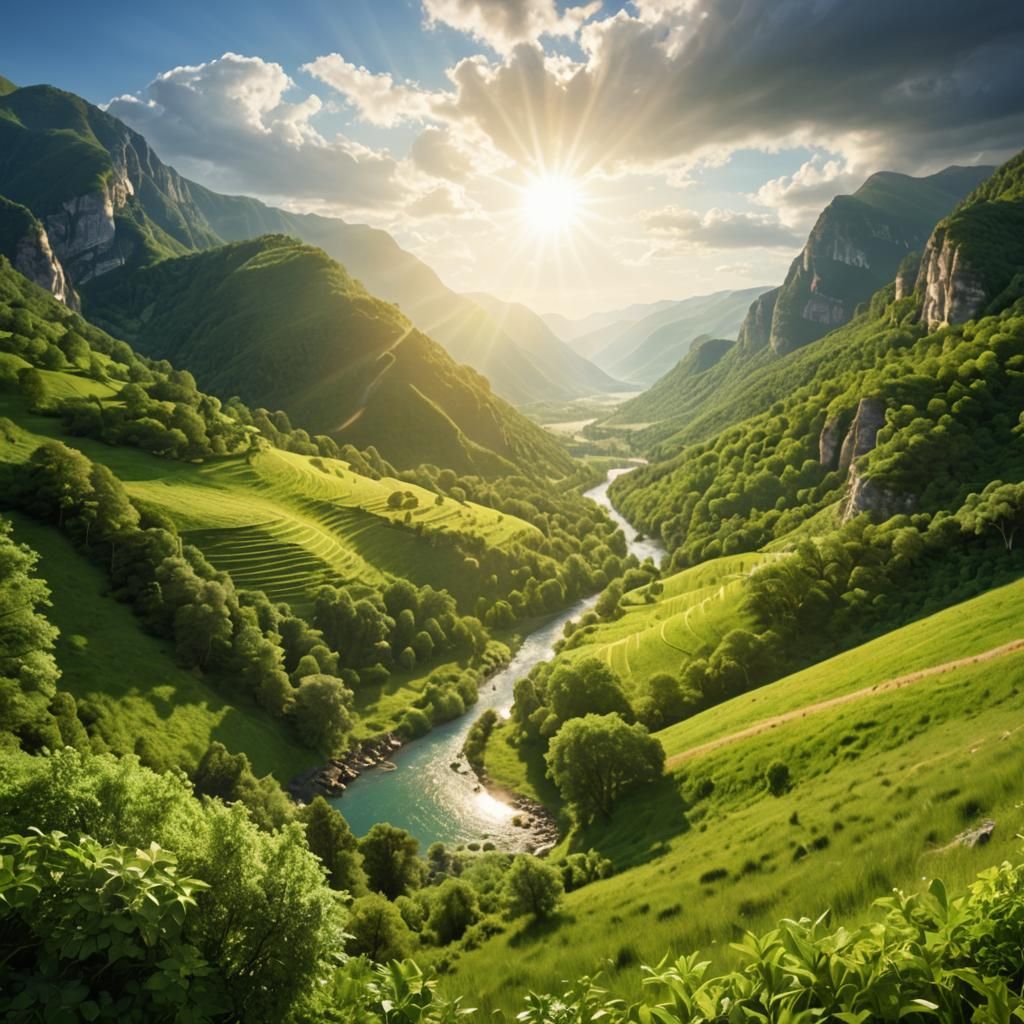 Sunny Valley View from Mountain: Hyperrealistic Landscape
