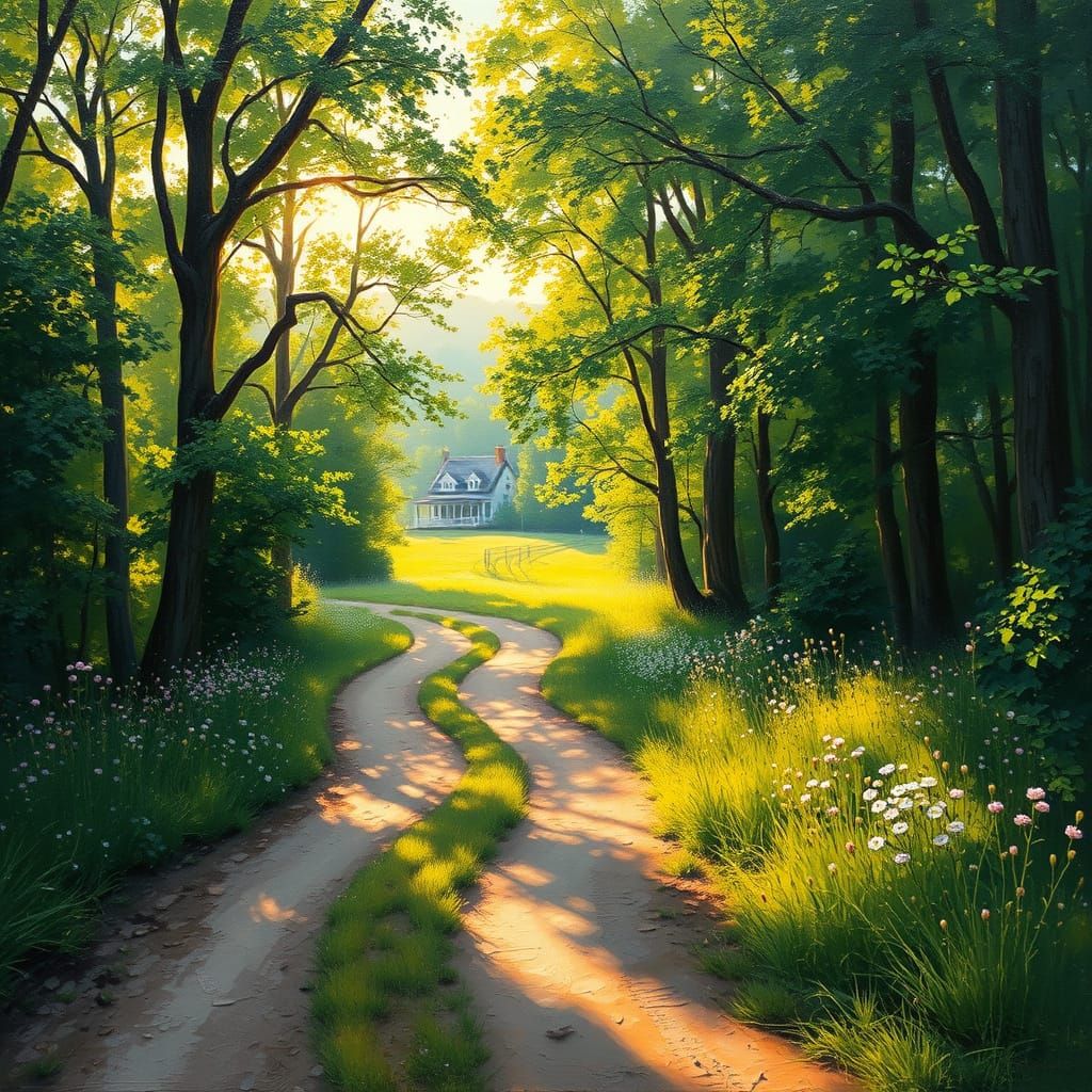 Painterly Forest Road to Glowing Farmhouse