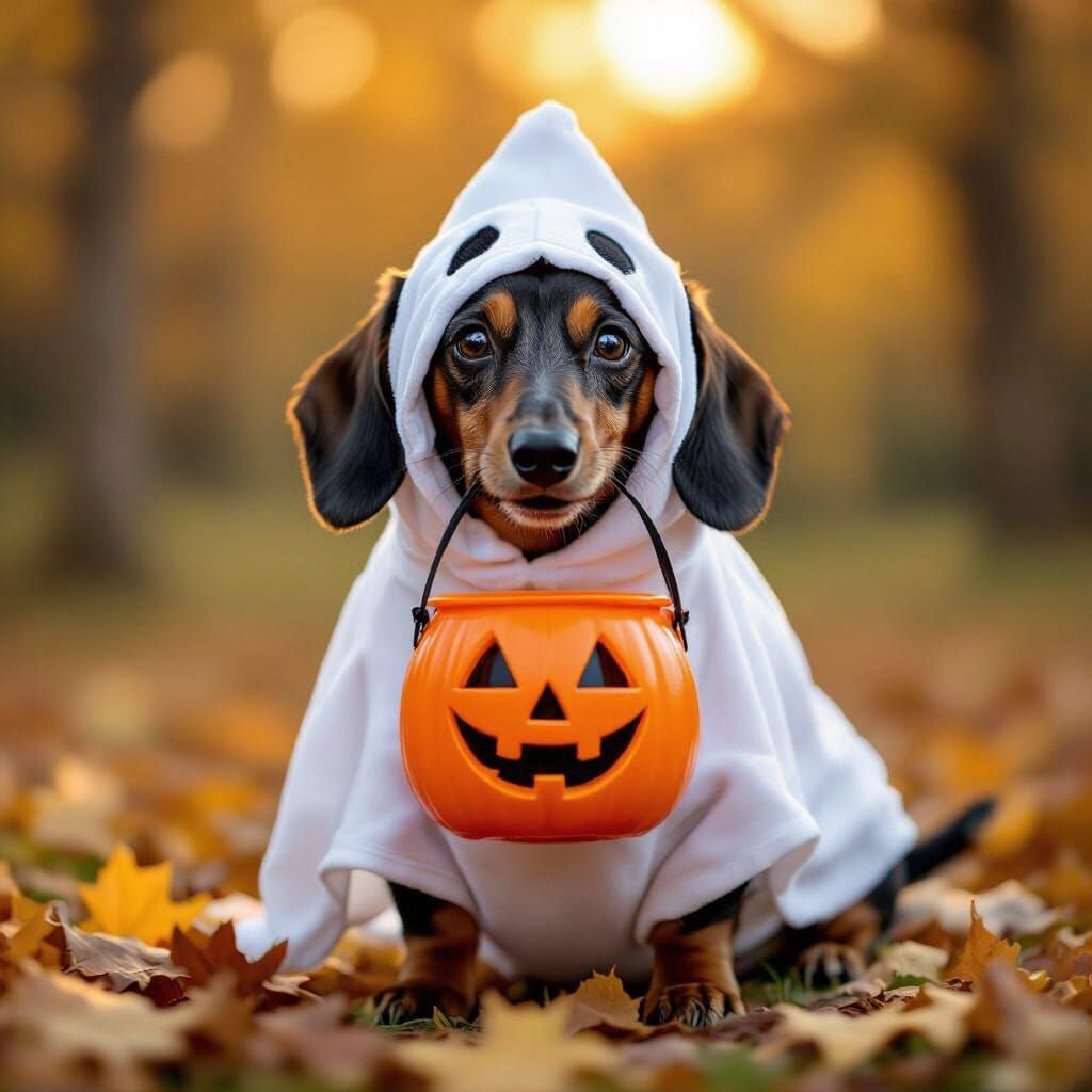Photorealistic Dachshund in Ghost Costume Trick-or-Treating