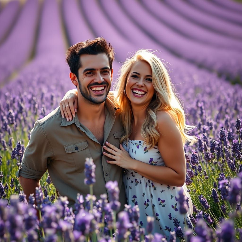 Couple Laughing in Lavender Field, Provence