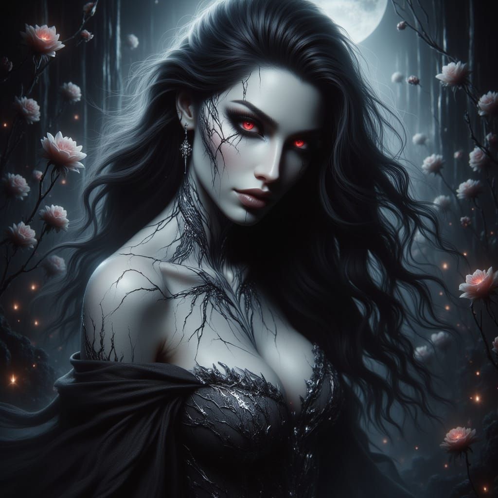 Pale Vampire Woman in Moonlit Garden Charcoal Drawing