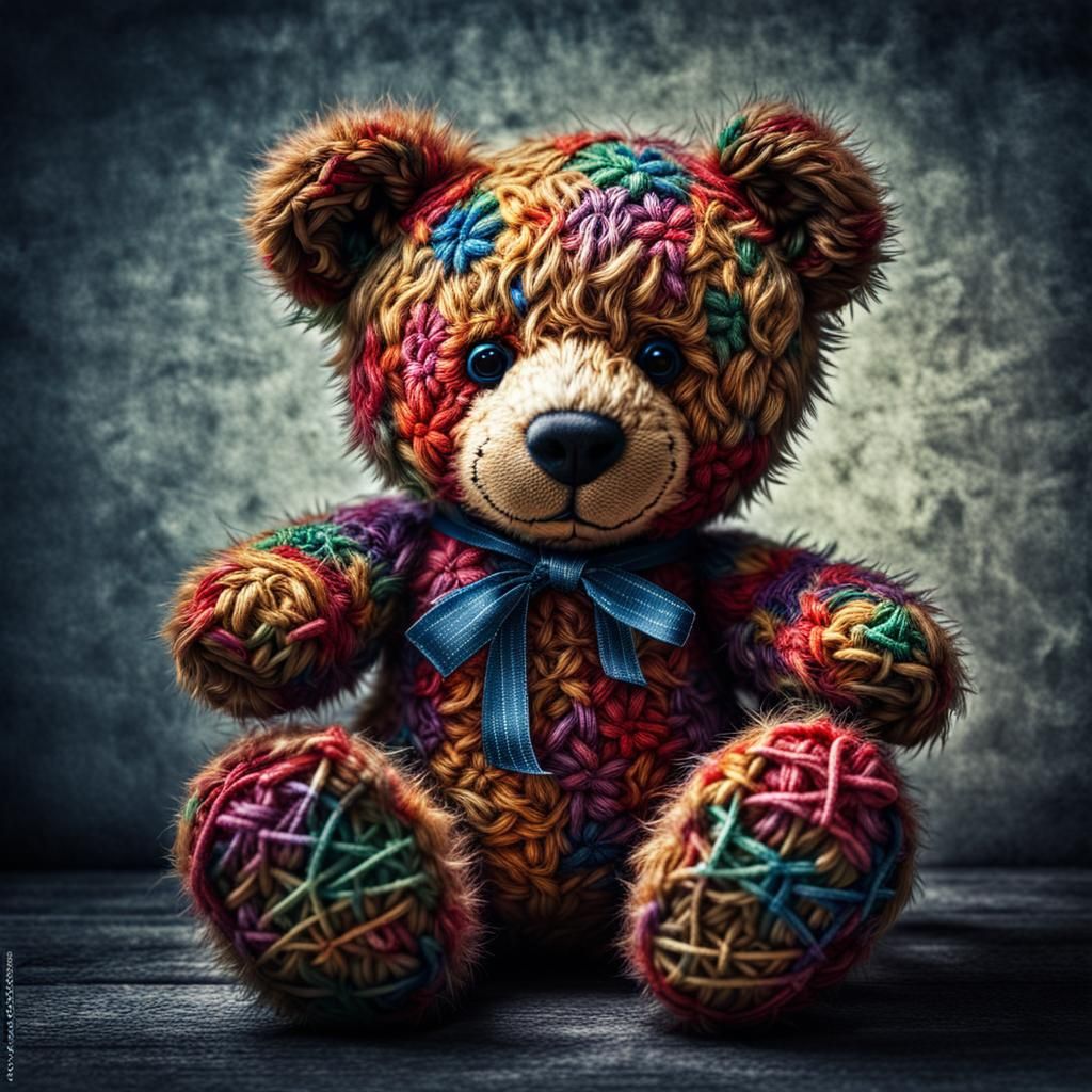 An adorable teddy bear with stitches. Colourful. intricate details, HDR, beautifully shot, hyperrealistic, sharp focus, ...