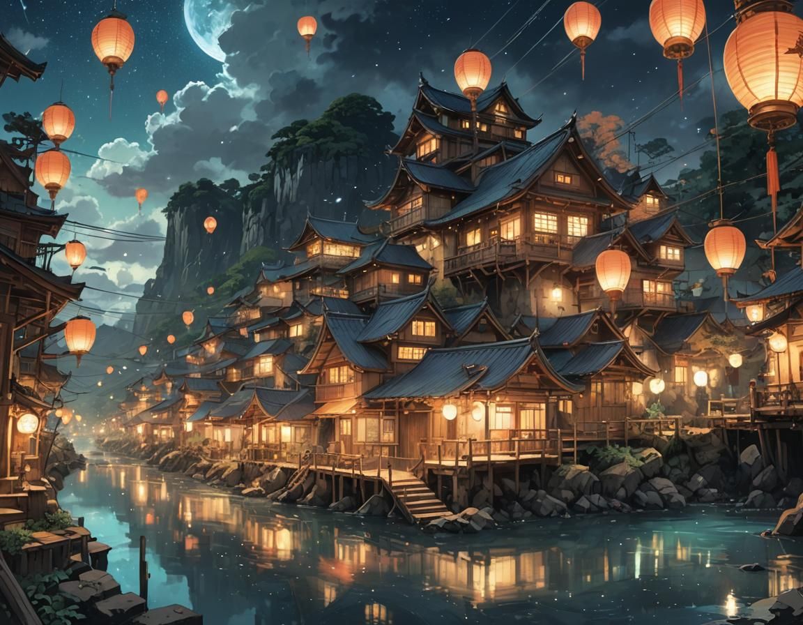 Enchanted Lantern Village Reflected in River, Manga Style