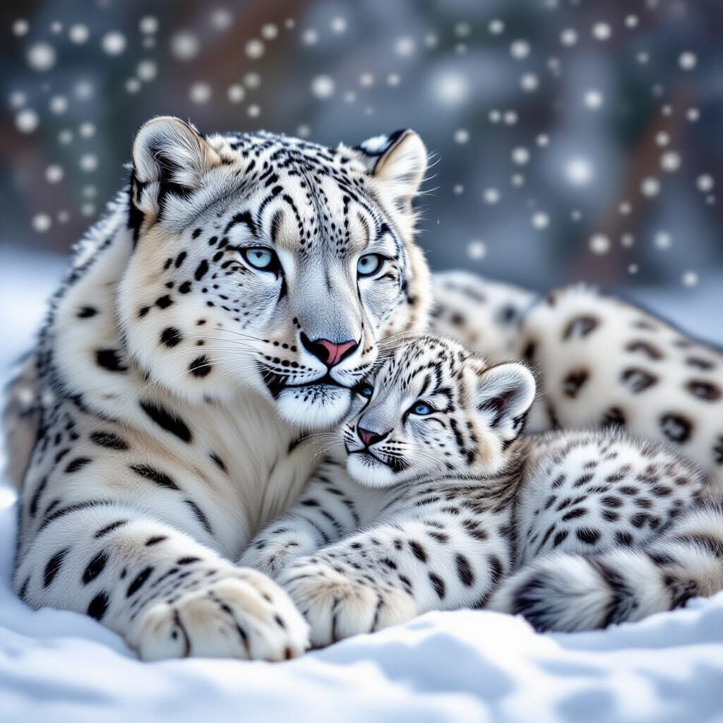 Mother Snow Leopard Warms Cub Amidst Falling Snow