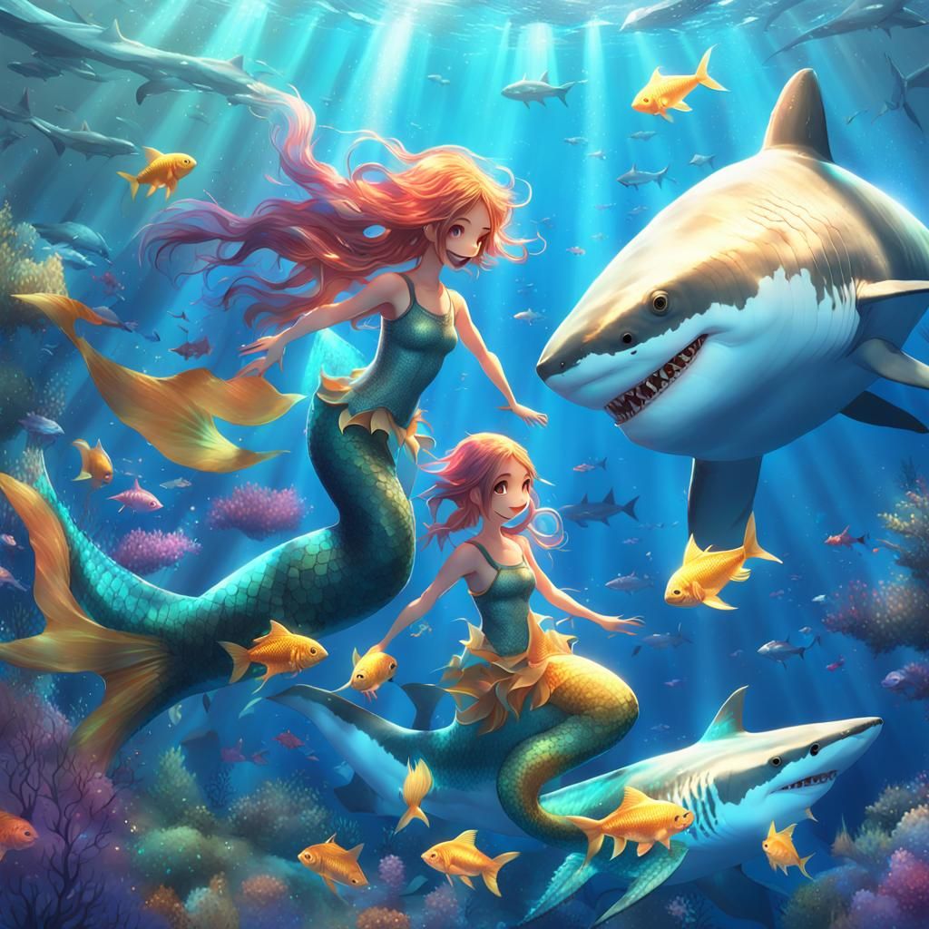 Smiling Mermaids in Dramatic 3D Anime Style