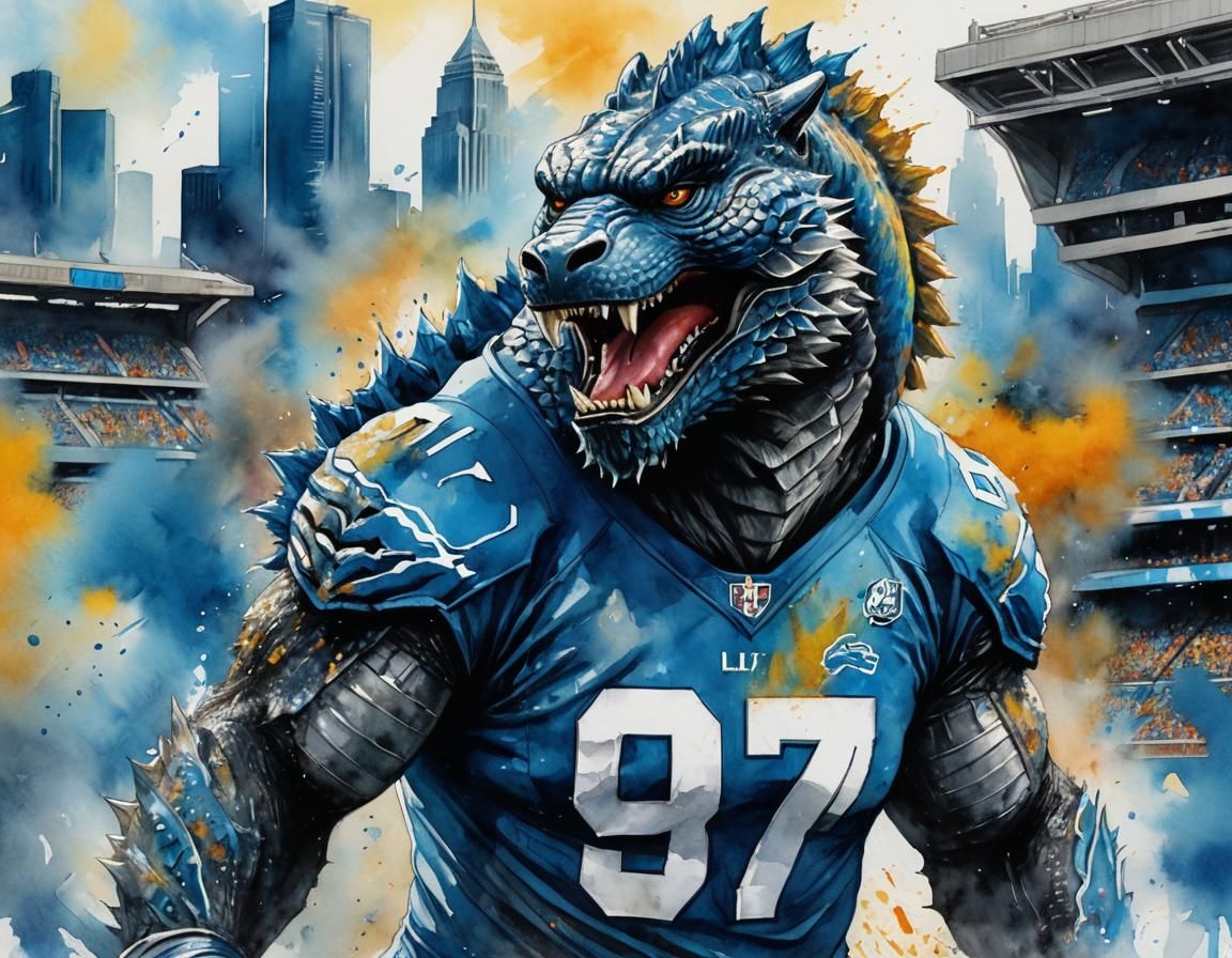 Godzilla Dons Lions Jersey: Vibrant Watercolor Portrait