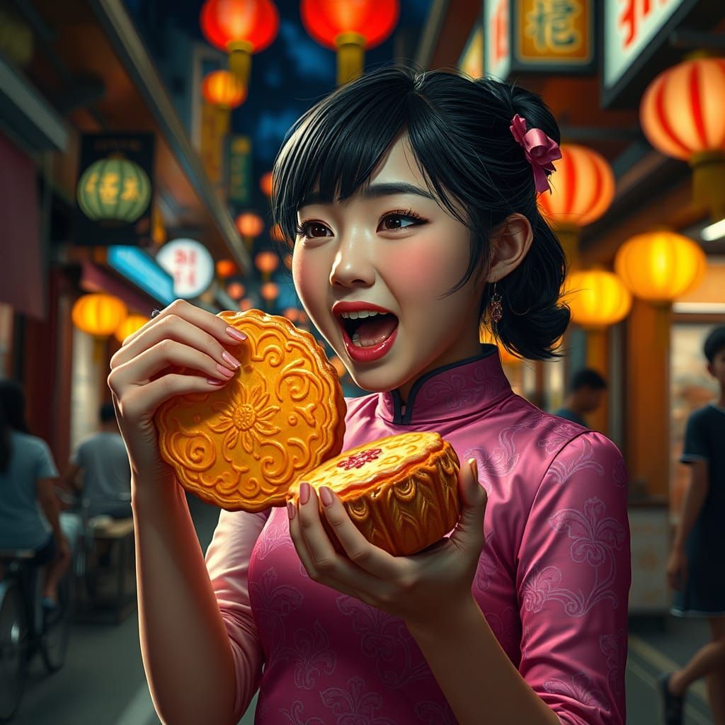 Girl in Cheongsam Eating Mooncake in Chinatown