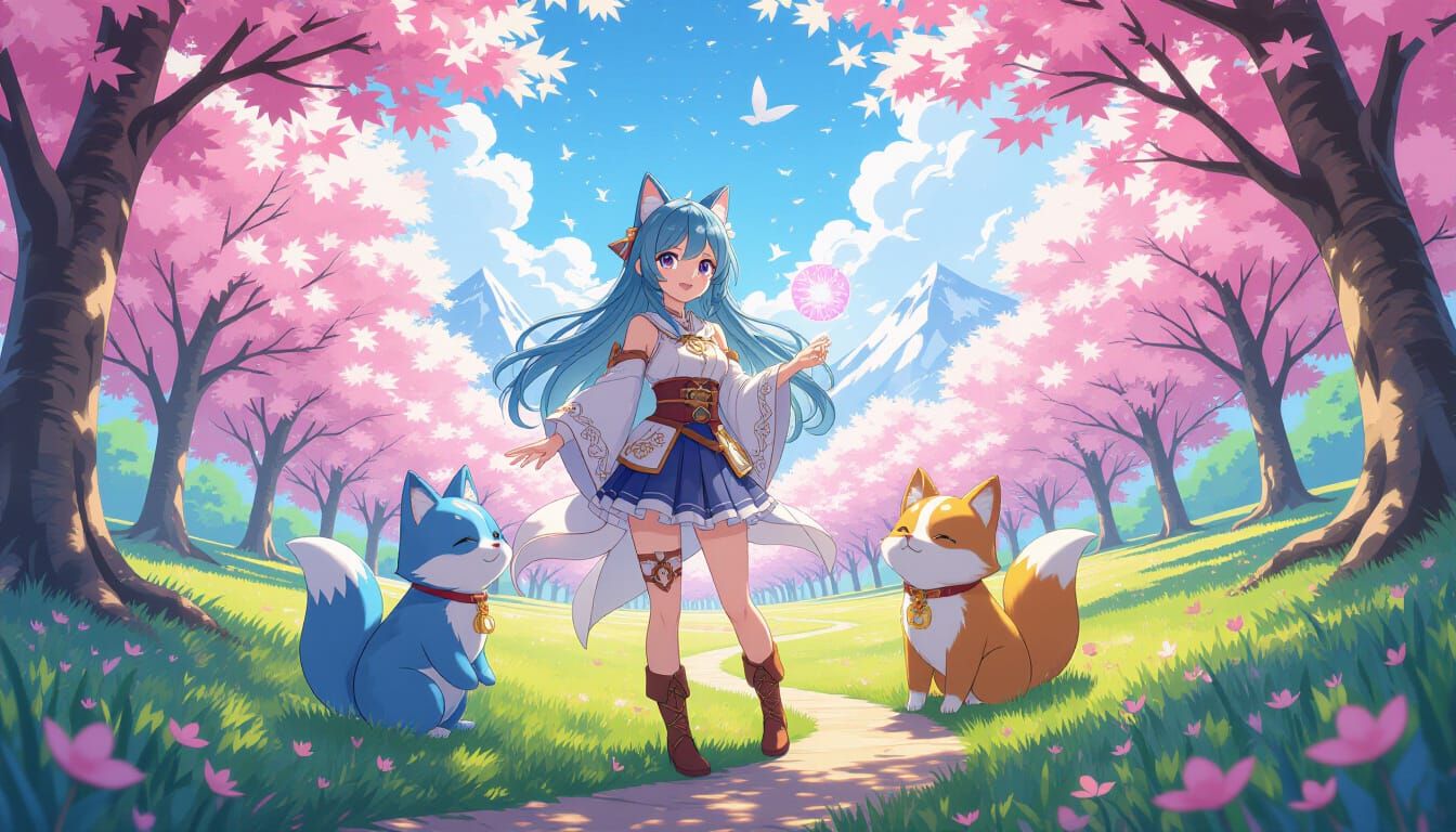 Cute Magic Nature Scene in Retro Anime Style