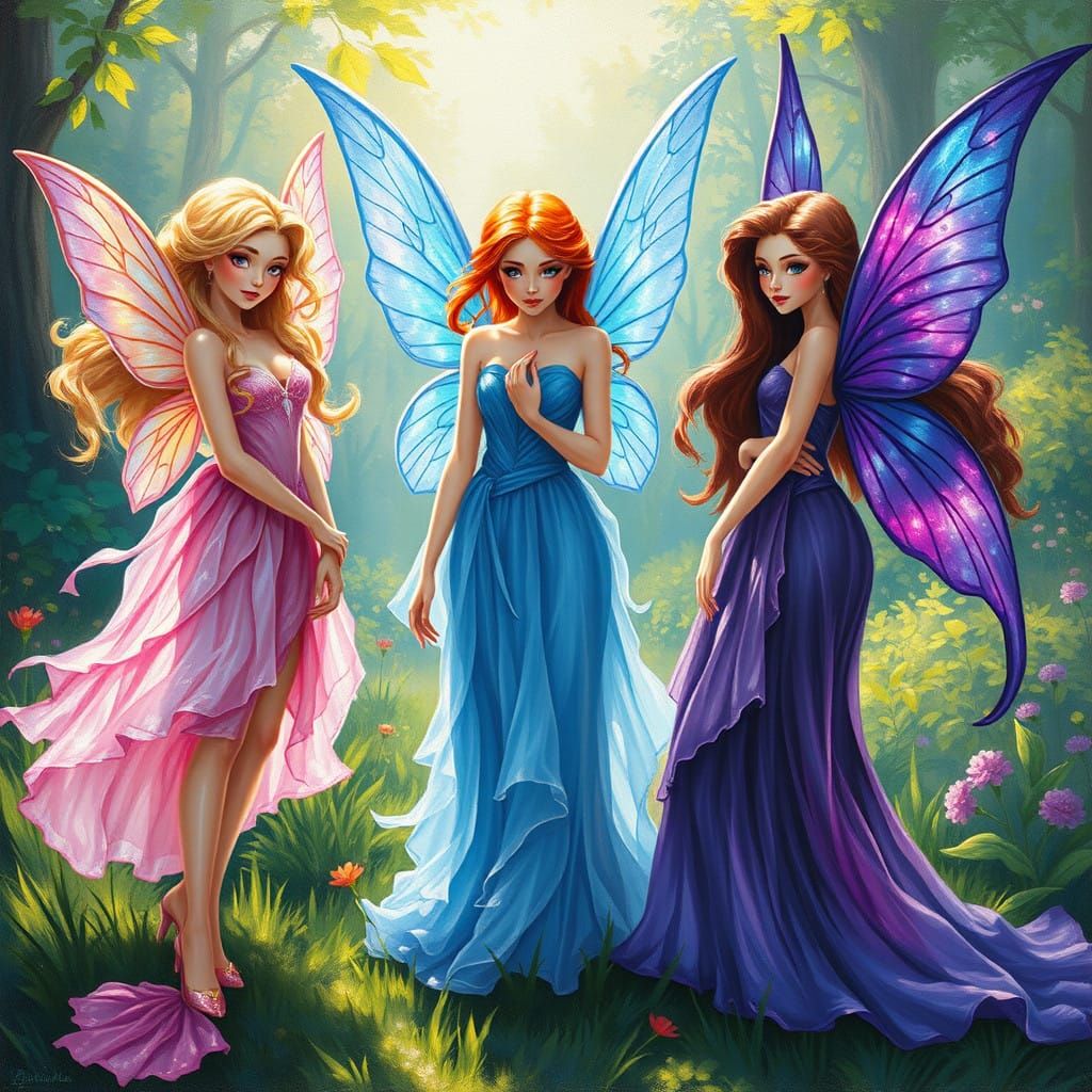Three Enchanting Fairies in a Lush Glade