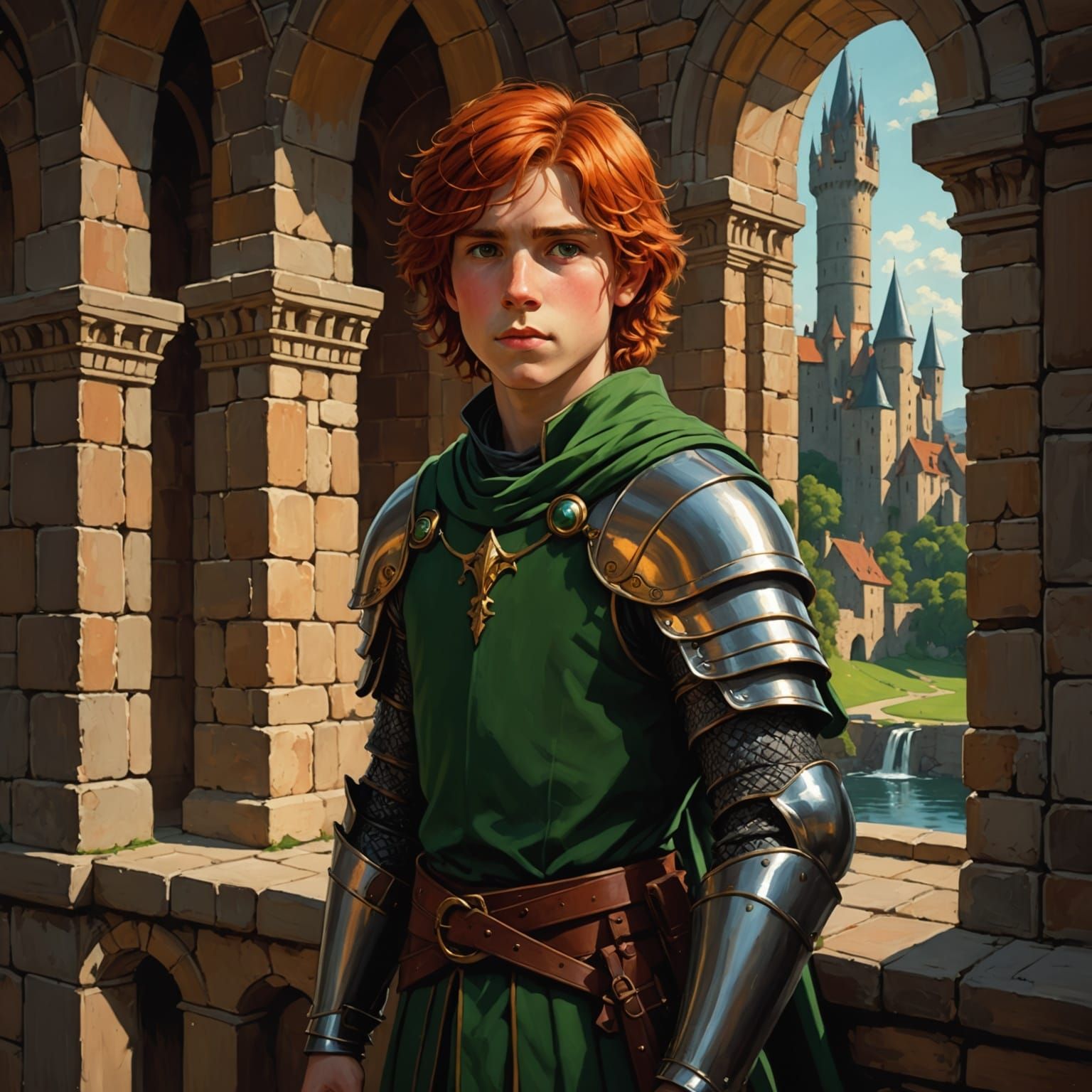 Luminous Paladin Boy in Castle, Chiaroscuro Style