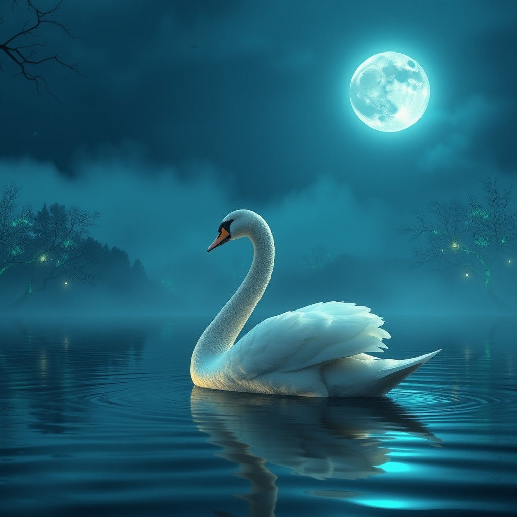 Moonlit Swan on Tranquil Lake: Fantasy Matte Painting