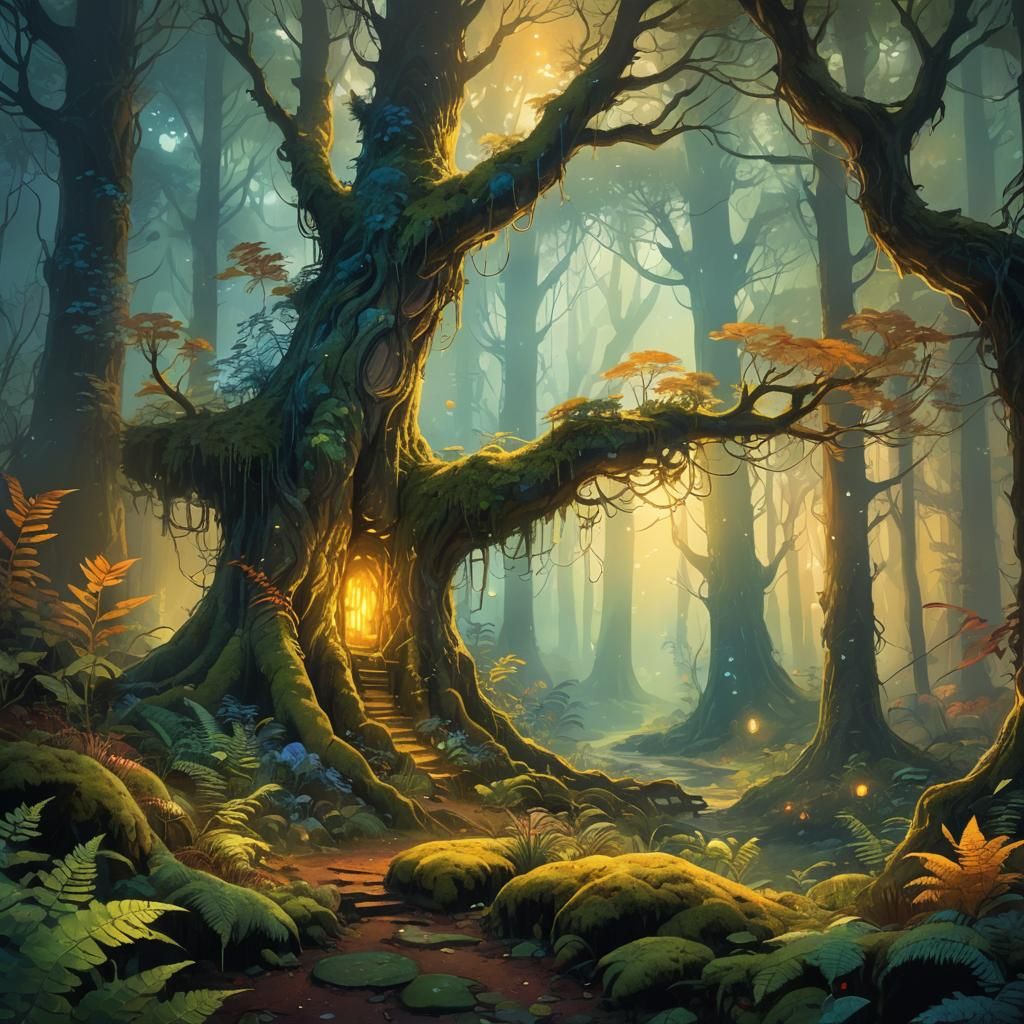 Lush Mystical Forest with Glowing Tree