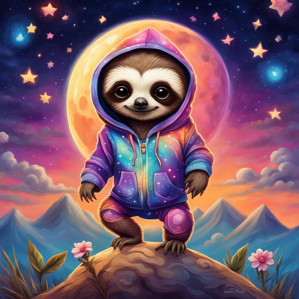 Chibi Sloth Skeleton Dancing on the Moon