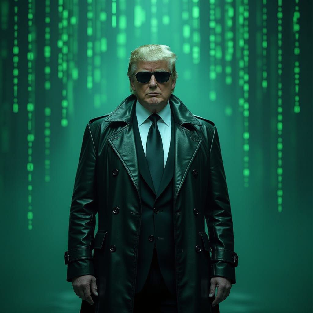 Trump as Neo in Matrix-Inspired Cyberpunk Style
