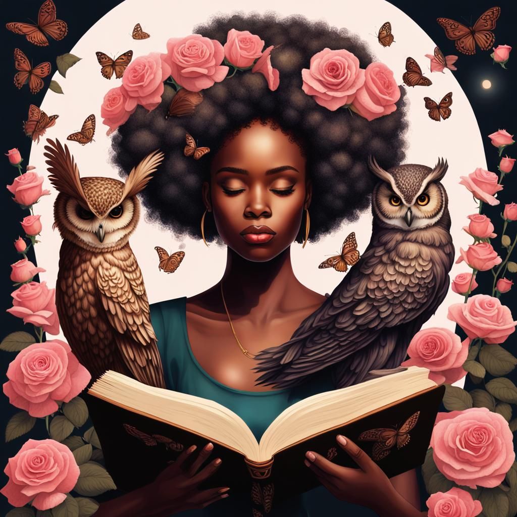 Ethereal Woman Reading to Owls with Floral Thoughts