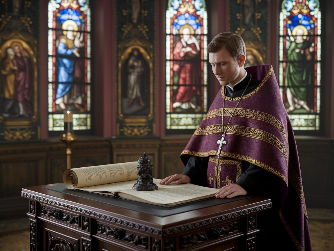 Solemn Ecclesiastical Figure in Ornate Robes Studies Ancient...