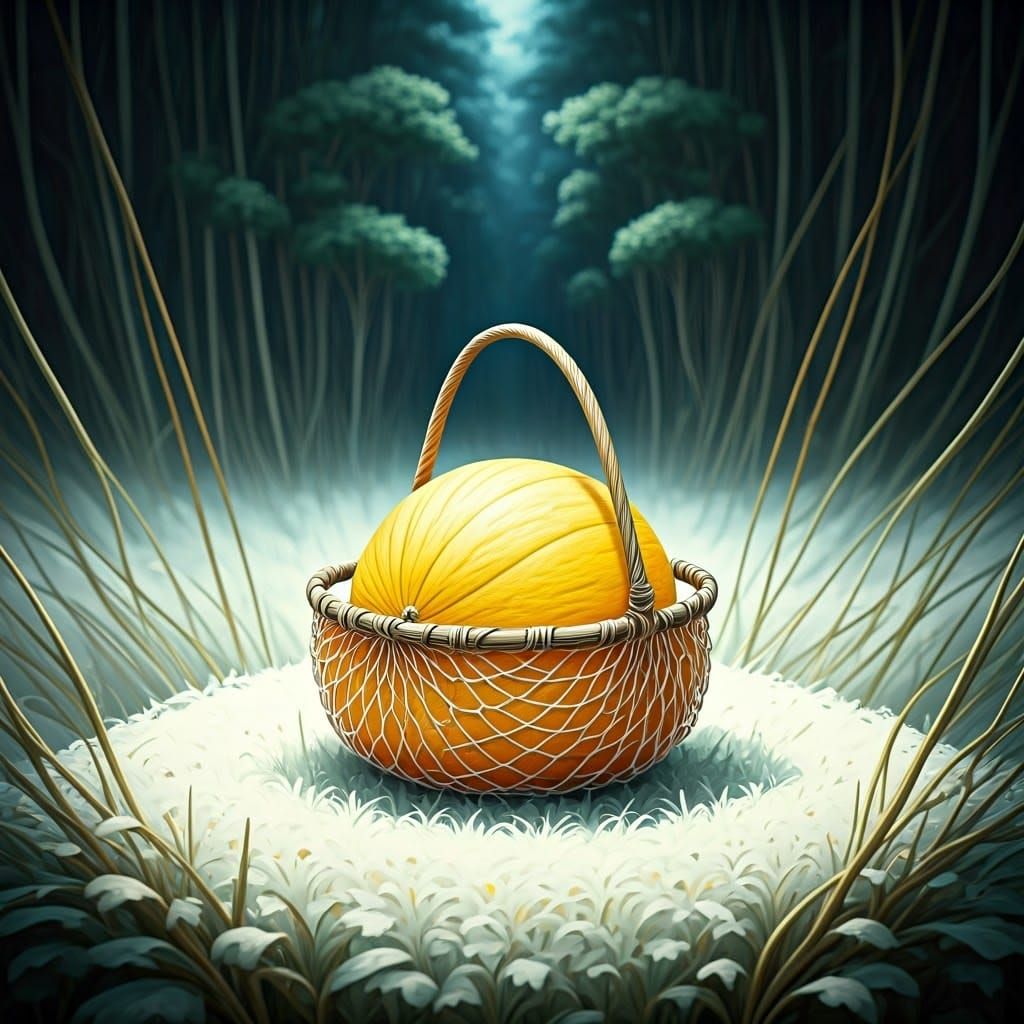 Cantaloupe Basket in Fantasy Landscape, Digital Illustration