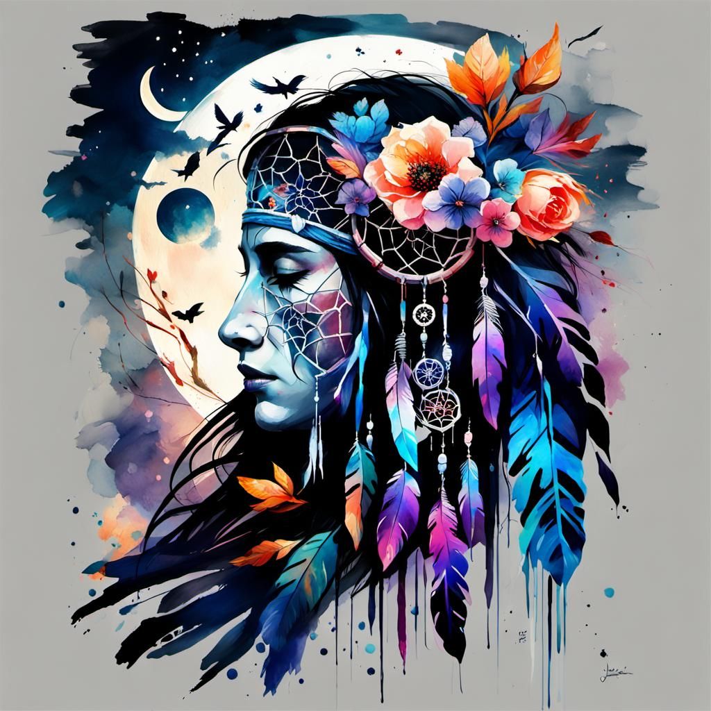 Floral Dreamcatcher under Moonlight: Gouache Impressionist S...