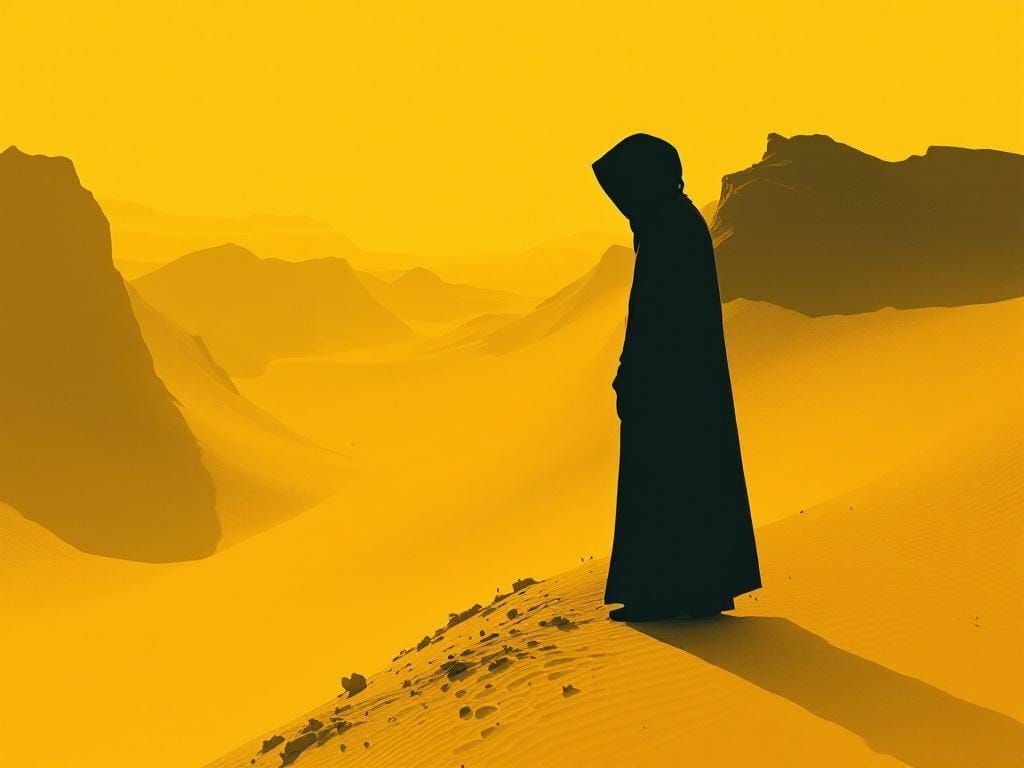 Hooded Figure in Surreal Desert, Minimalist Graphic Art
