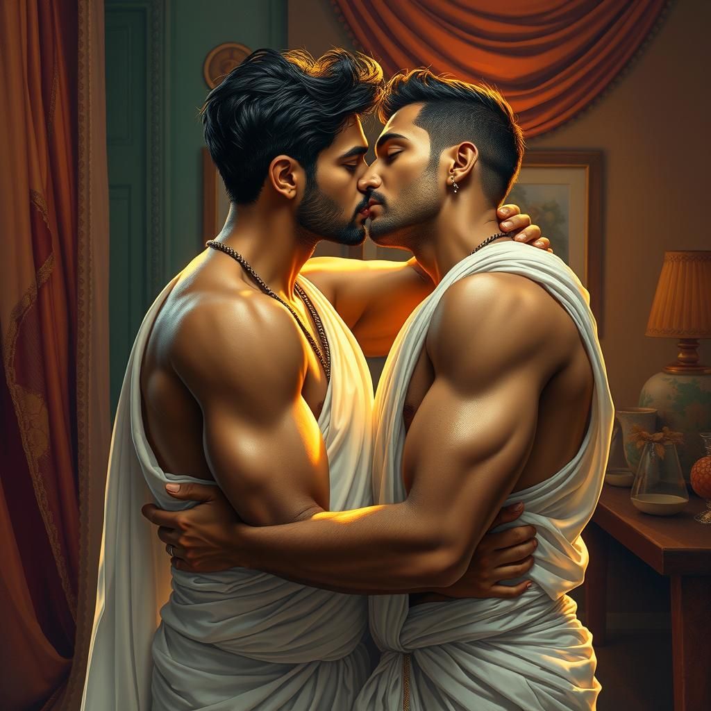 Intimate Kiss: Two Indian Men in Hyper-Realistic Style