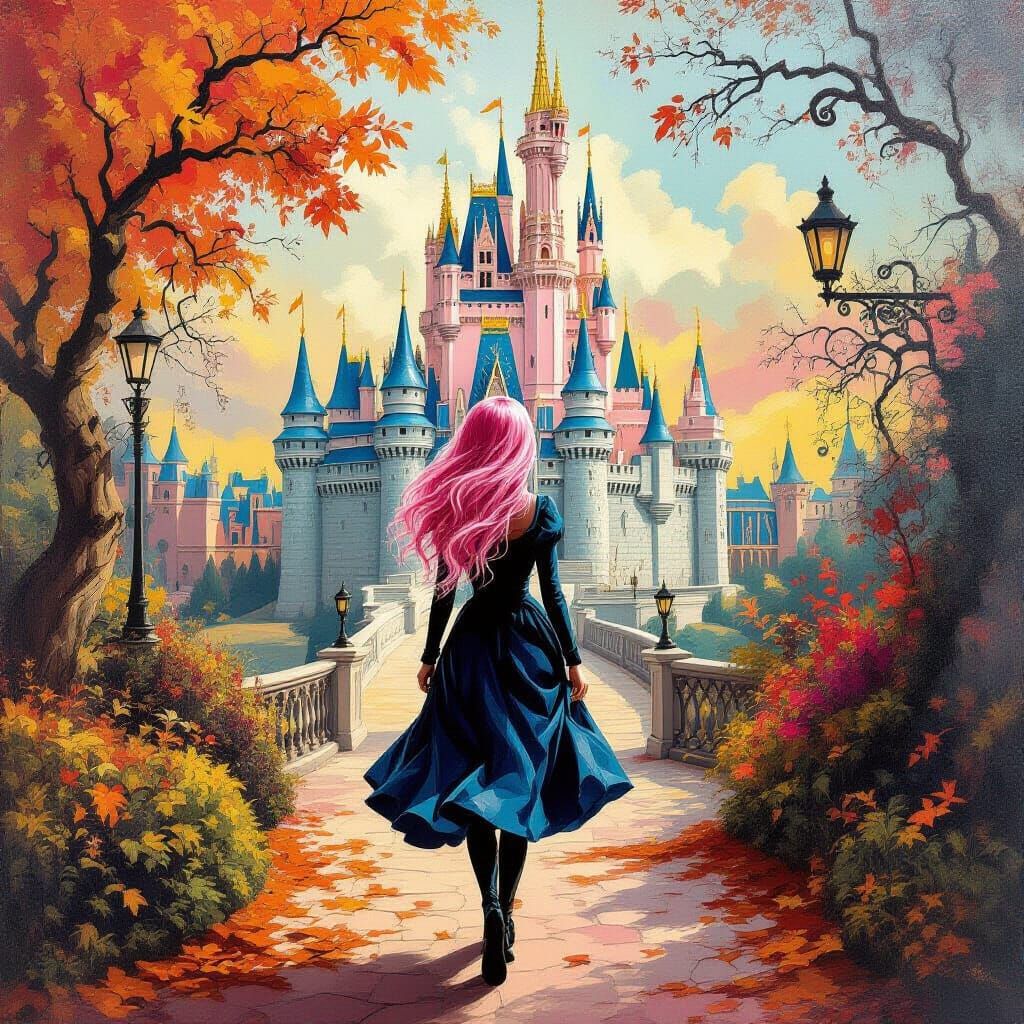 Magical Autumn Kingdom With Pink Haired Woman