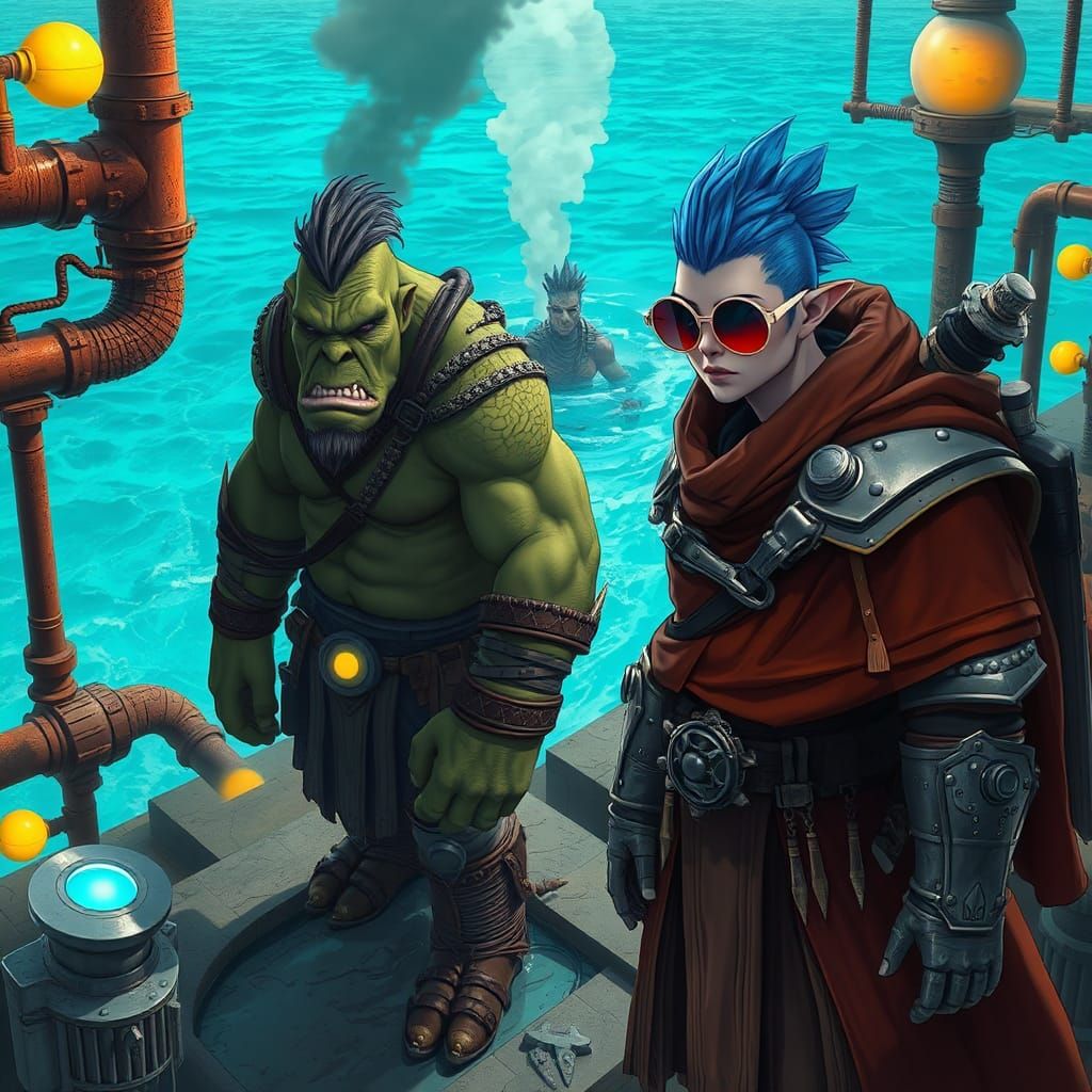 Digital oil painting of a Dieselpunk World of Warcraft orc and a warrior monk in a rugged industrial landscape, with a o...