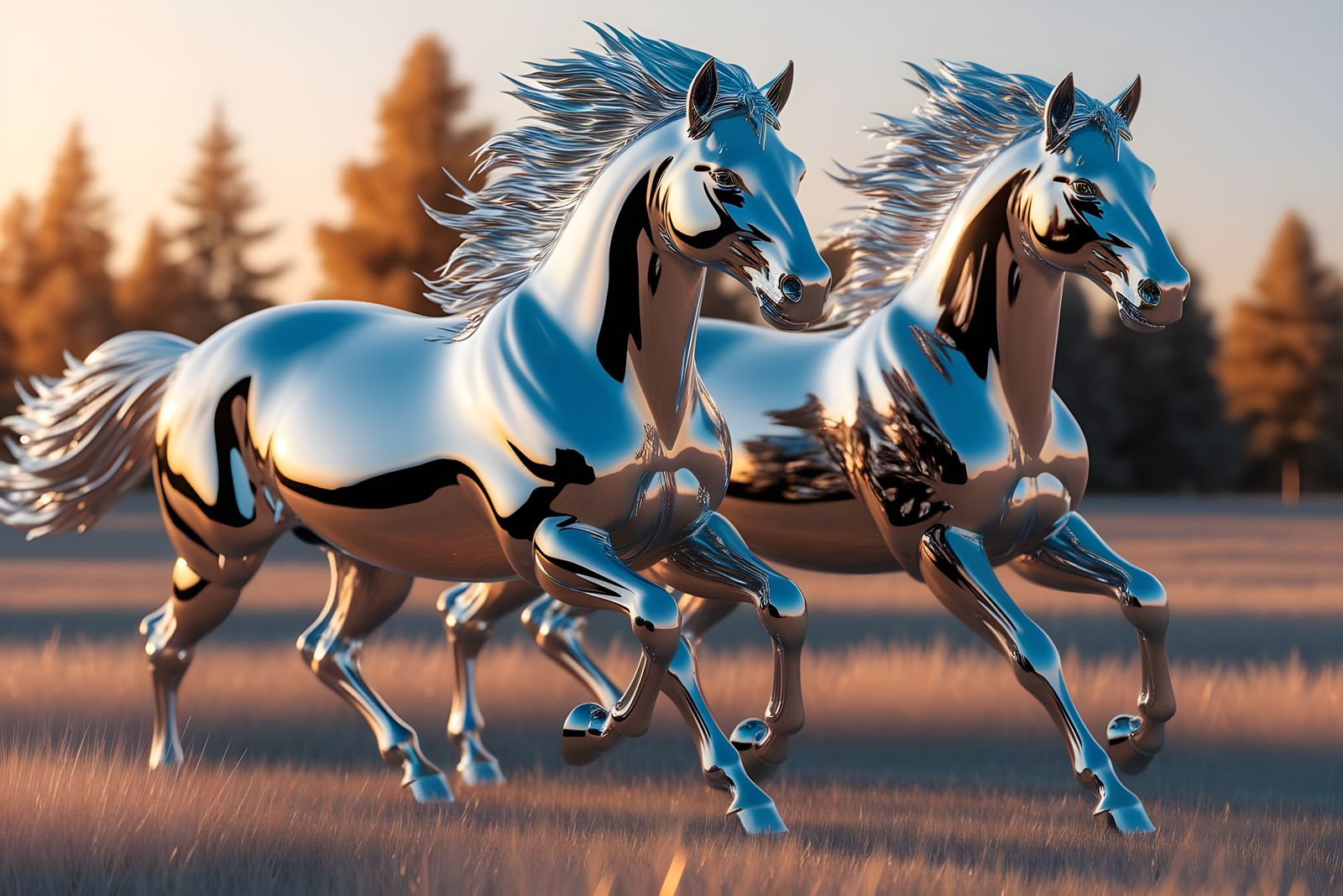 Shimmering Metallic Horses Gallop Across Sunlit Meadow
