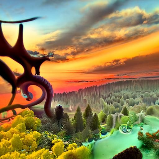 Surreal Sunset Landscape with Tentacled Forest