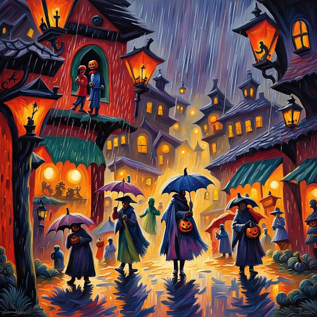 Halloween Rain: An Impressionist Gouache Painting